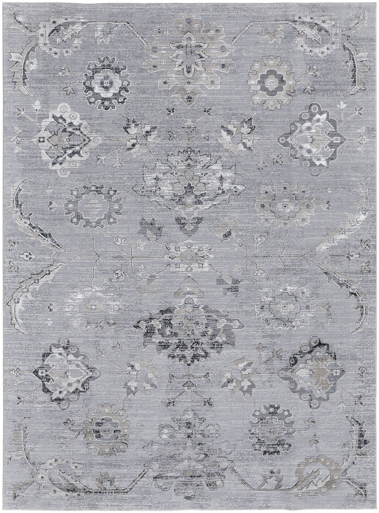 Macklaine Transitional/Bohemian & Eclectic/Vintage Damask/Distressed Silver/Black - Feizy Rug