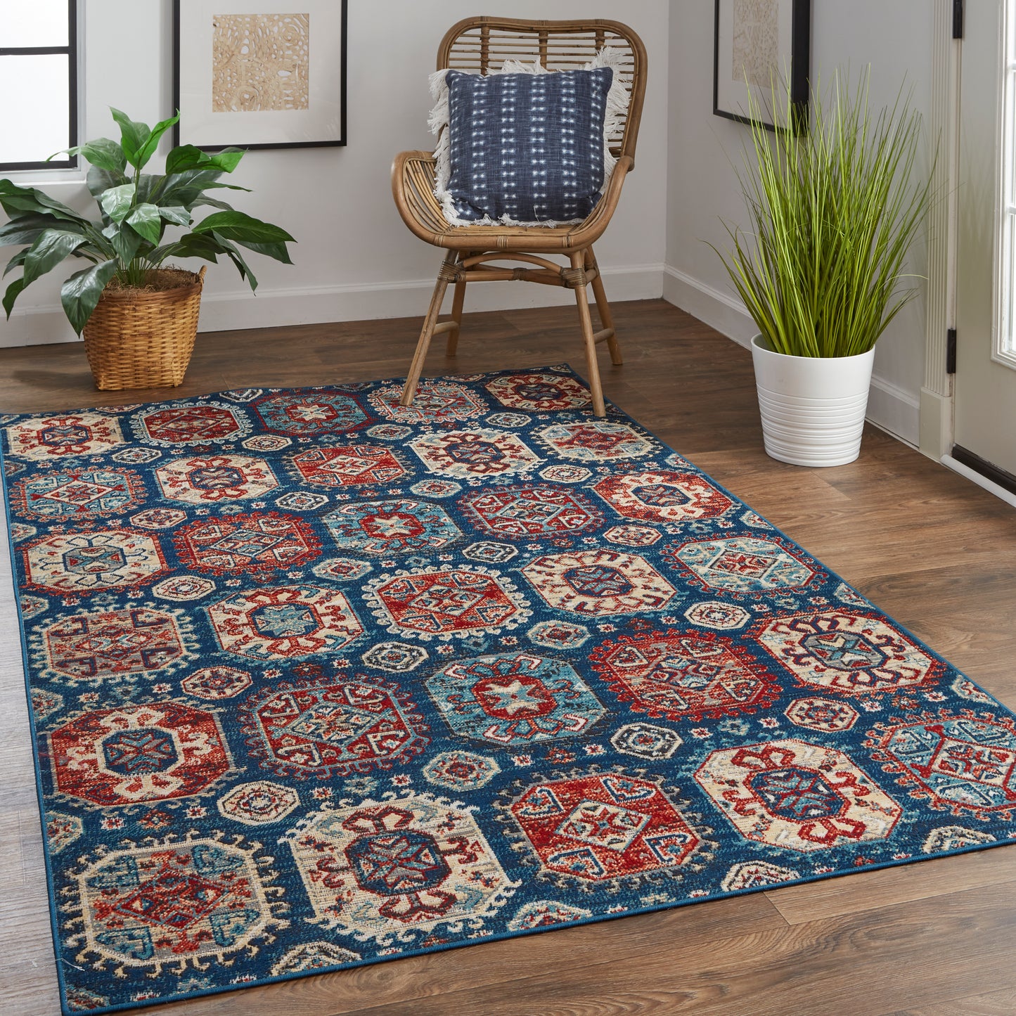 Nolan Transitional/Bohemian & Eclectic/Casual Patchwork/Floral & Botanical/Distressed Blue/Red/Tan - Feizy Rug