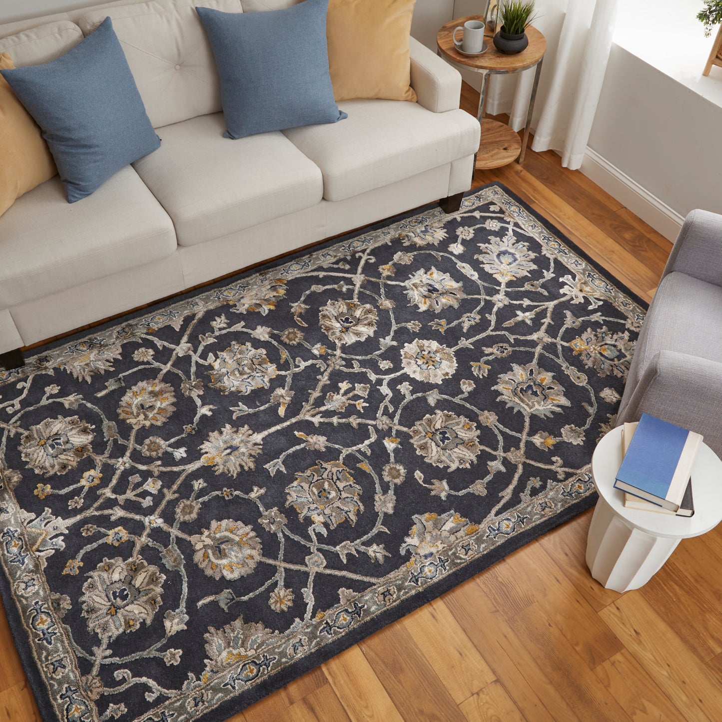 Prescott Traditional/Bohemian & Eclectic/French & Victorian Floral & Botanical/Scroll/Paisley Blue/Silver/Gray - Feizy Rug