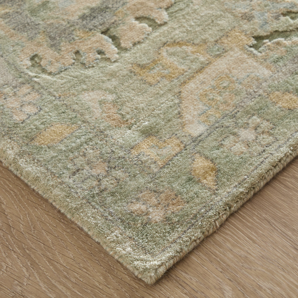Jaxson Traditional/Vintage Floral & Botanical/Bordered/Distressed Green/Gold/Tan - Feizy Rug