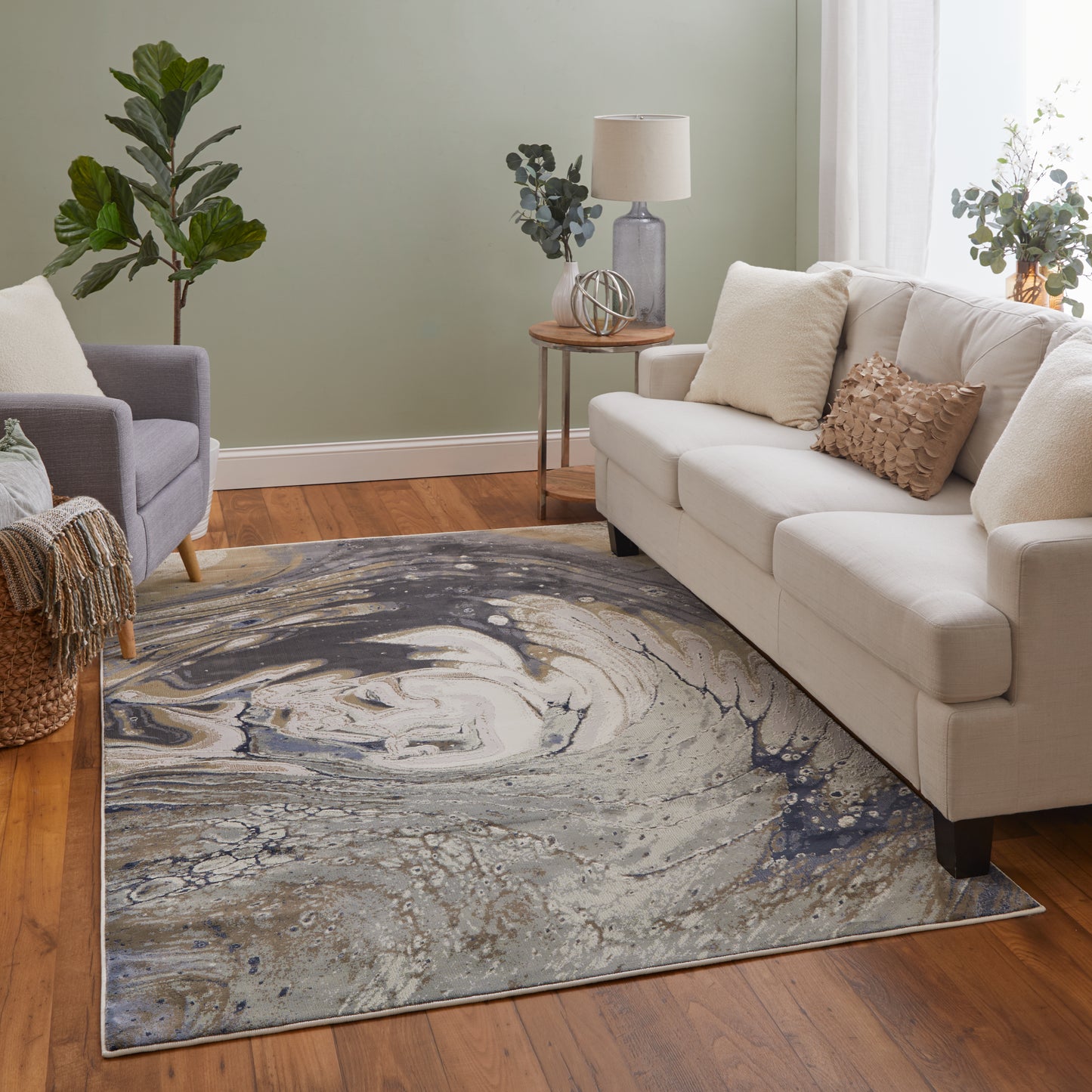 Mandana Modern/Bohemian & Eclectic Abstract/Watercolor Ivory/Taupe/Blue - Feizy Rug