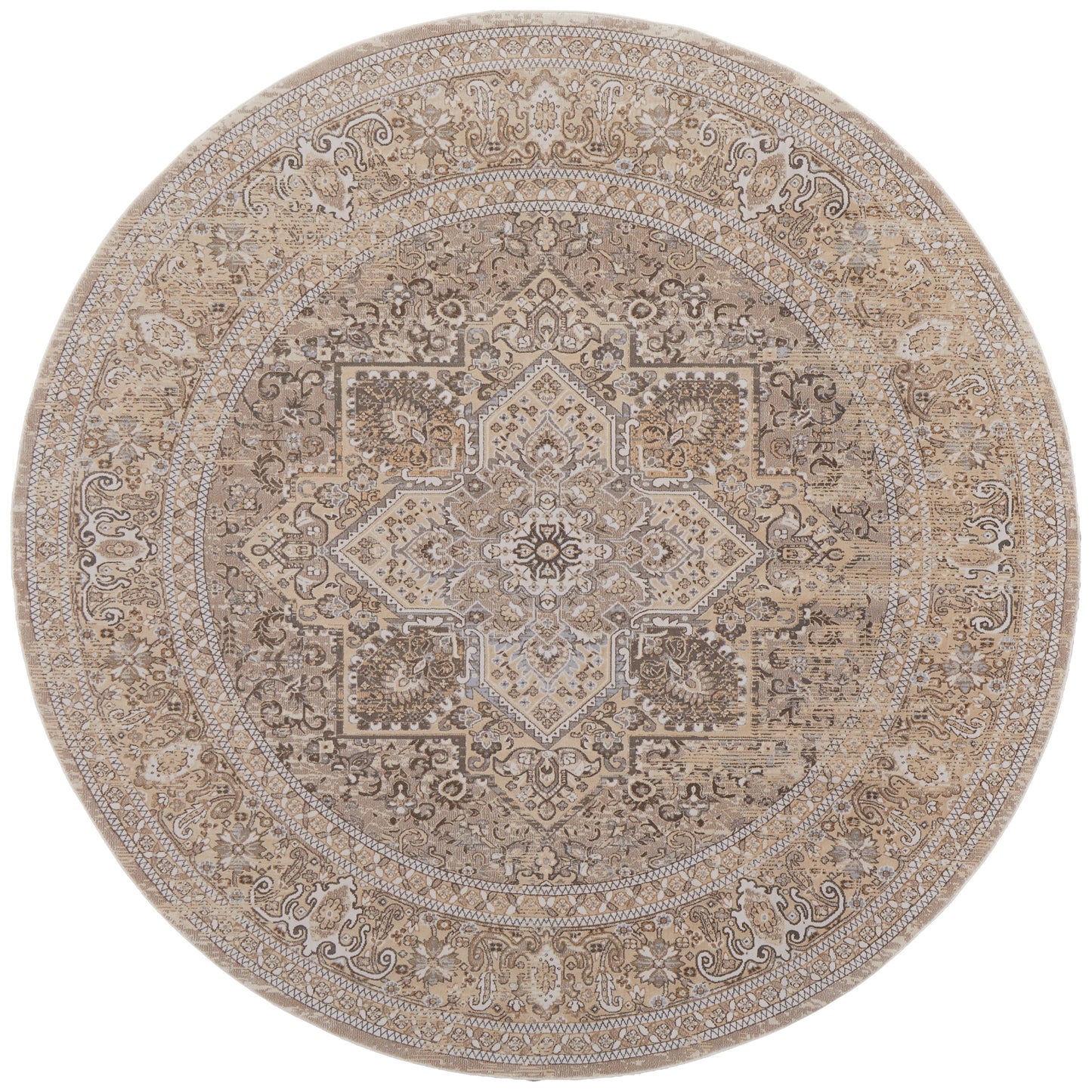 Celene Traditional/Vintage/Casual Brown/Ivory/Tan Round Rug  Feizy Rugs Small Parcel,Feizy Rugs,Celene,Brown/Ivory/Tan,7'9" x 7'9" Round,Round Rug,Viscose/Polyester,Traditional/Vintage/Casual,Turkey