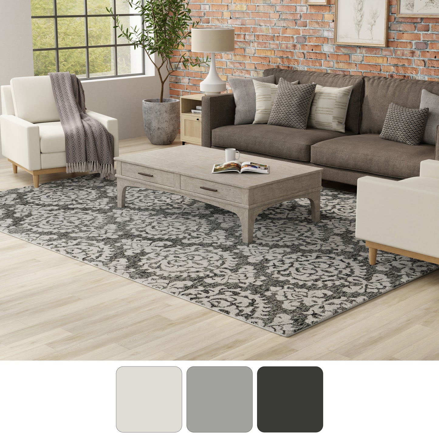 Belfort Traditional/Global Floral & Botanical/Damask/Diamond Gray/Ivory/Black - Feizy Rug