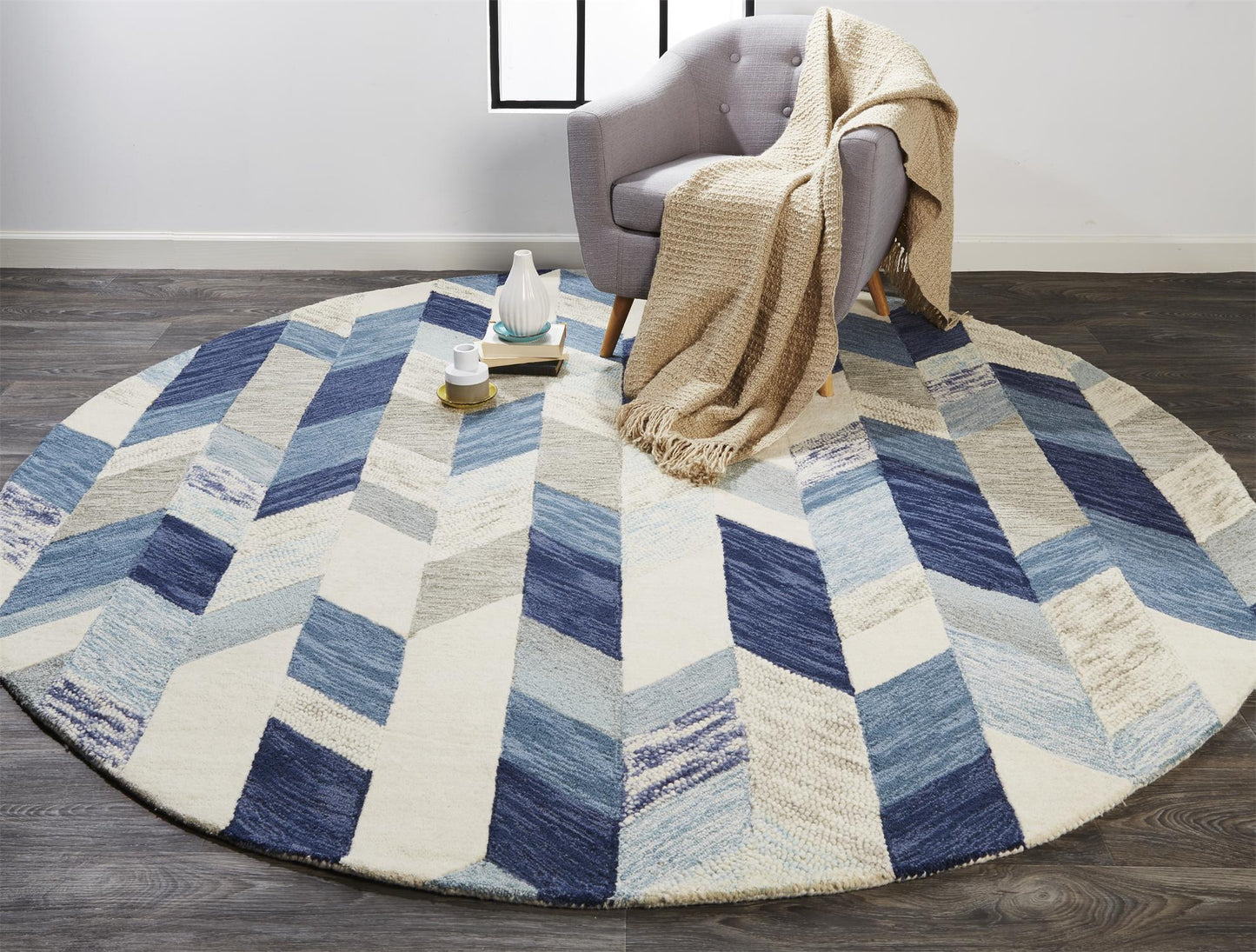 Arazad Transitional/Mid-Century Modern/Casual Geometric/Chevron/Herringbone Blue/Ivory/Gray - Feizy Rug