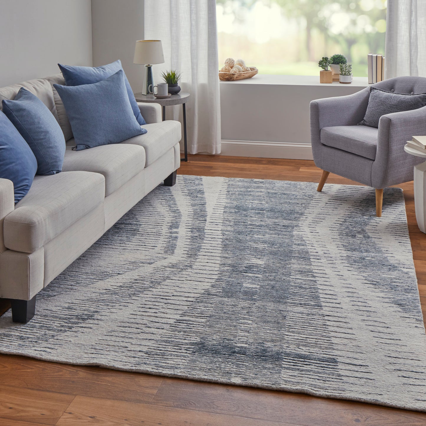 Brighton Modern/Industrial/Global Ivory/Blue/Gray Area Rug