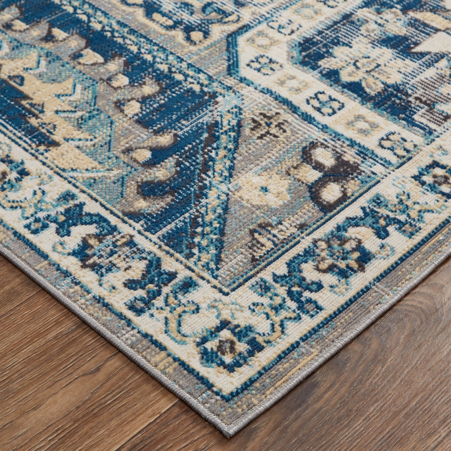 Nolan Transitional/Bohemian & Eclectic/Vintage Medallion/Persian/Distressed Blue/Ivory - Feizy Rug
