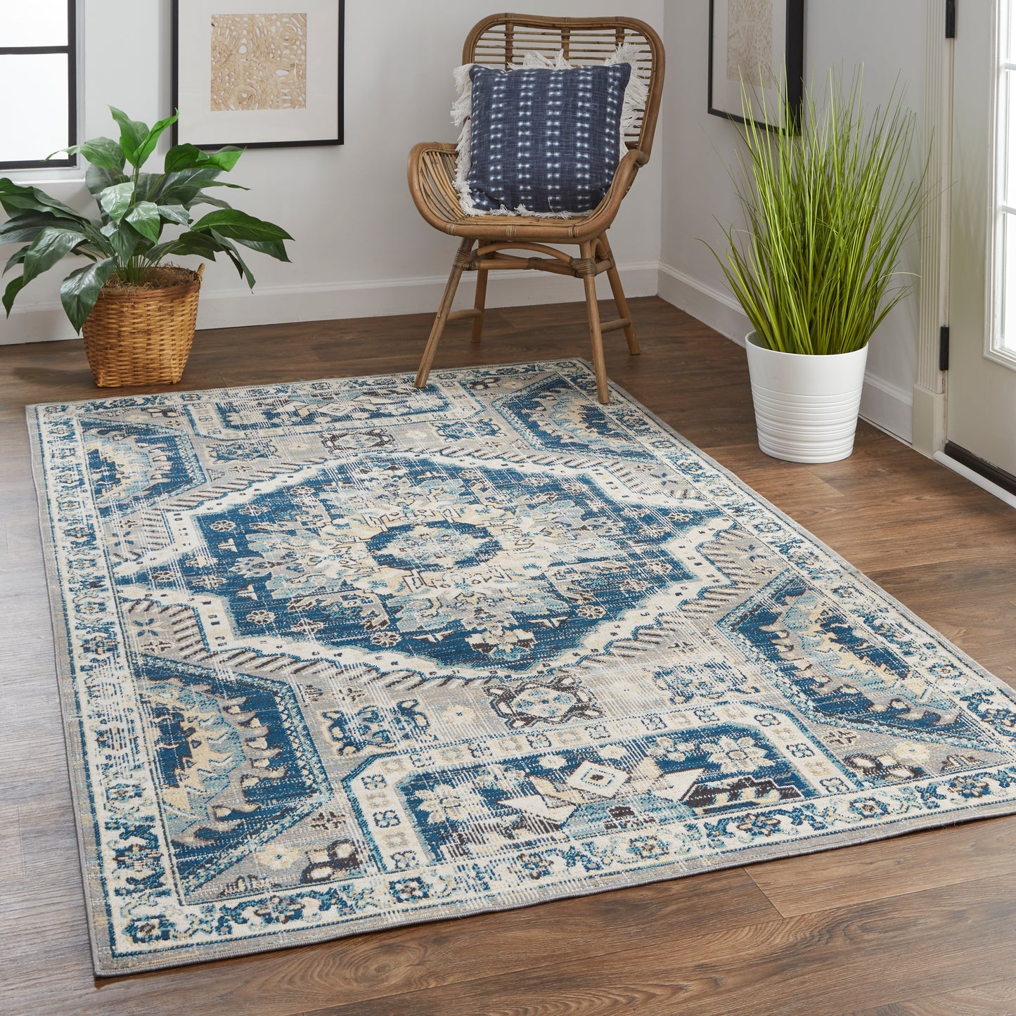 Nolan Transitional/Bohemian & Eclectic/Vintage Medallion/Persian/Distressed Blue/Ivory - Feizy Rug