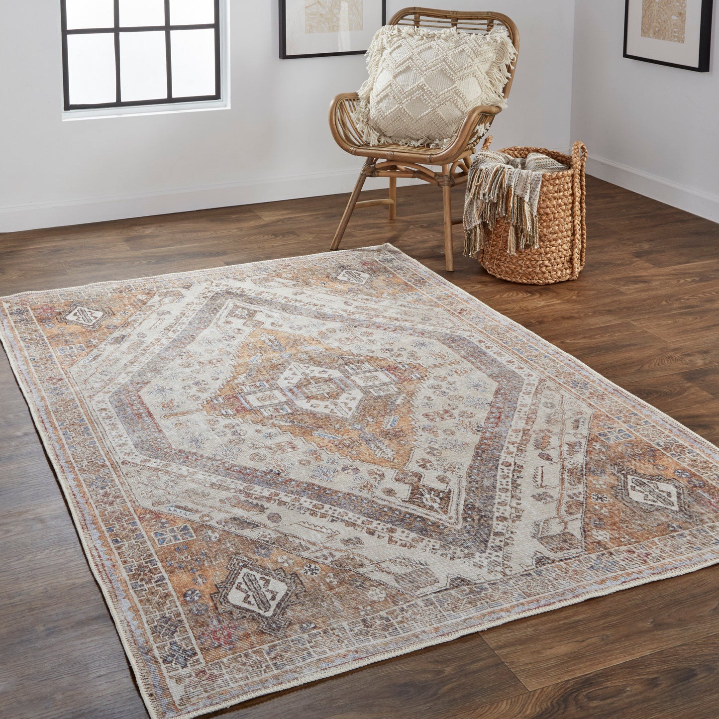 Percy Transitional/Bohemian & Eclectic/Classic Medallion/Distressed/Persian Ivory/Orange/Brown - Feizy Rug