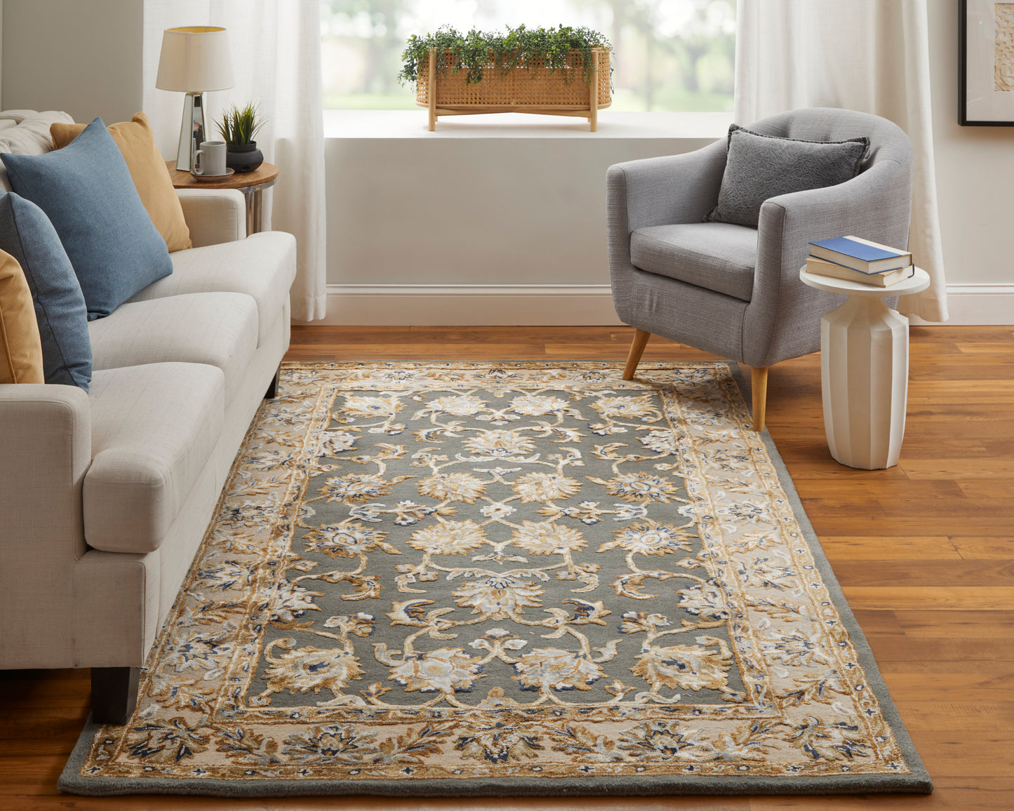 Prescott Traditional/French & Victorian/Bohemian & Eclectic Floral & Botanical/Bordered Taupe/Tan/Ivory - Feizy Rug