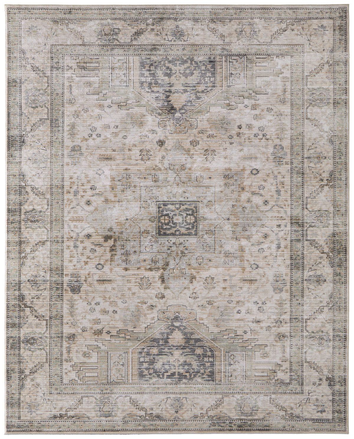 Augustine Traditional/Classic/Vintage Medallion/Bordered/Distressed Tan/Green/Ivory - Feizy Rug