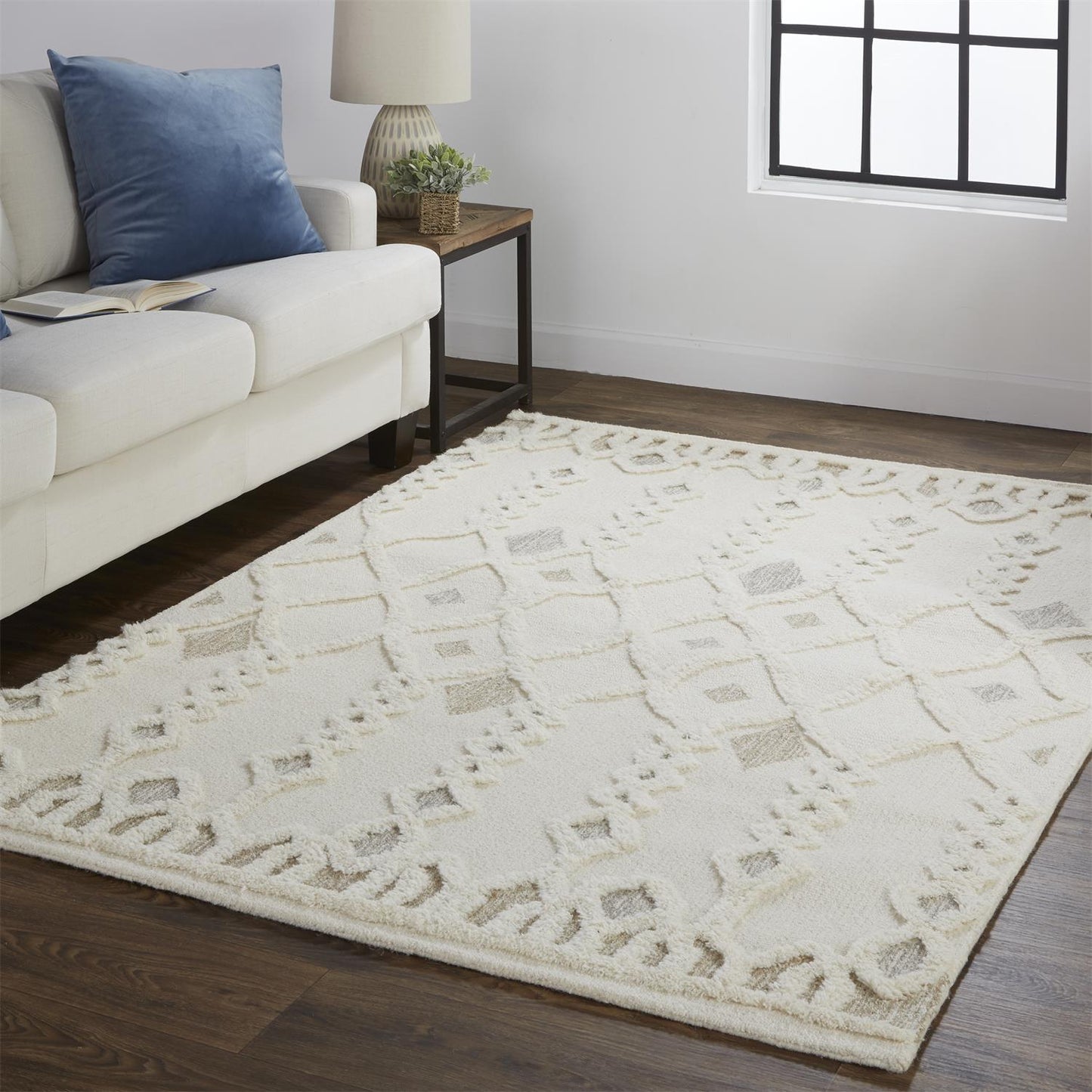 Anica Transitional/Scandinavian/Farmhouse Trellis & Lattice/Diamond Ivory/Tan/Silver - Feizy Rug