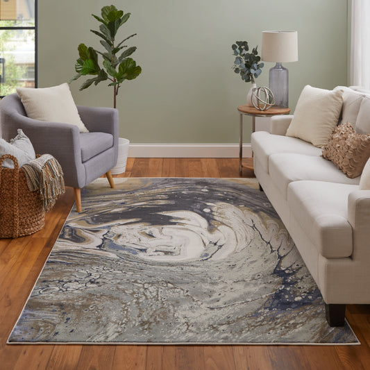 Mandana Modern/Bohemian & Eclectic Abstract/Watercolor Ivory/Taupe/Blue - Feizy Rug