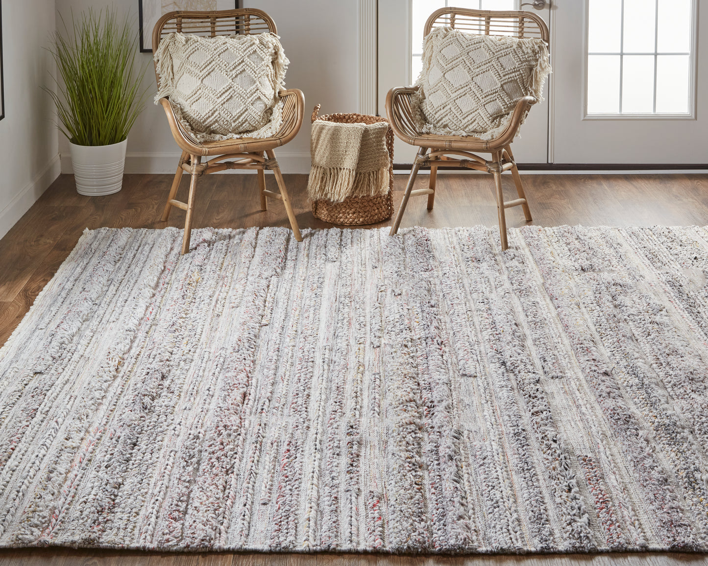 Alden Transitional/Casual/Scandinavian Stripes/Solid Taupe/Ivory/Red - Feizy Rug