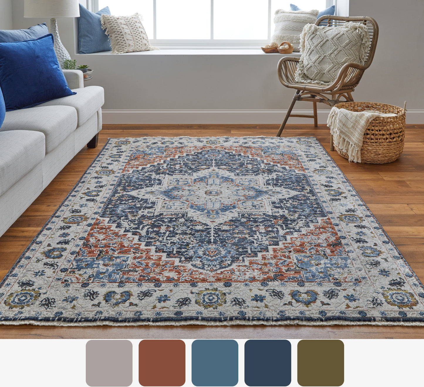 Kaia Transitional/Bohemian & Eclectic/Vintage Medallion/Persian/Bordered Ivory/Blue/Red - Feizy Rug