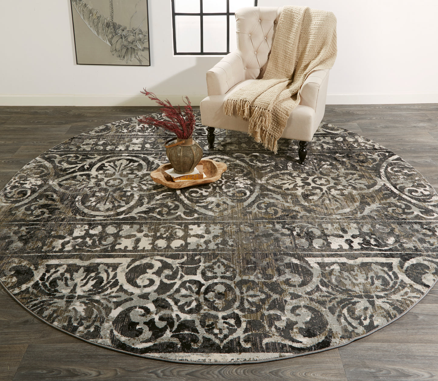 Kano Transitional/Casual Gray/Ivory/Taupe Round Rug  Feizy Rugs LTL,Feizy Rugs,Kano,Gray/Ivory/Taupe,8'9" x 8'9" Round,Round Rug,Polypropylene/Polyester,Transitional/Casual,Turkey