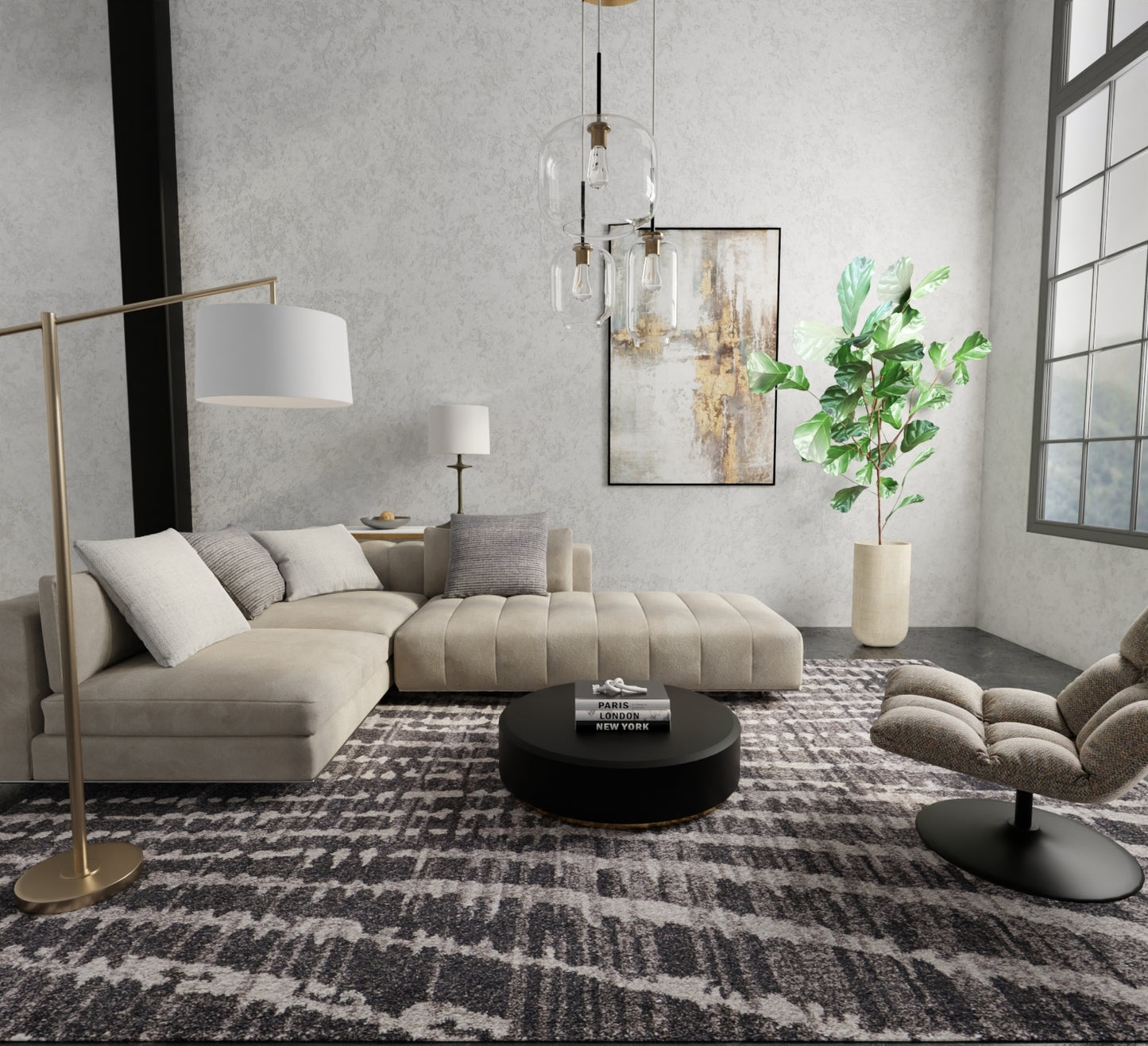 Skyview Modern/Industrial/Bohemian & Eclectic Black/Gray/Ivory Area Rug