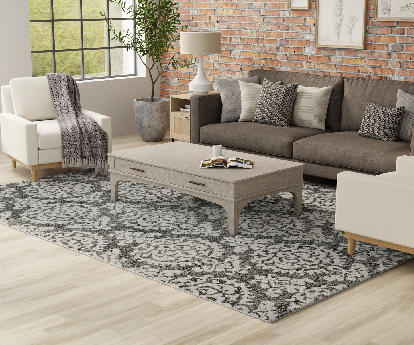 Belfort Traditional/Global Floral & Botanical/Damask/Diamond Gray/Ivory/Black - Feizy Rug