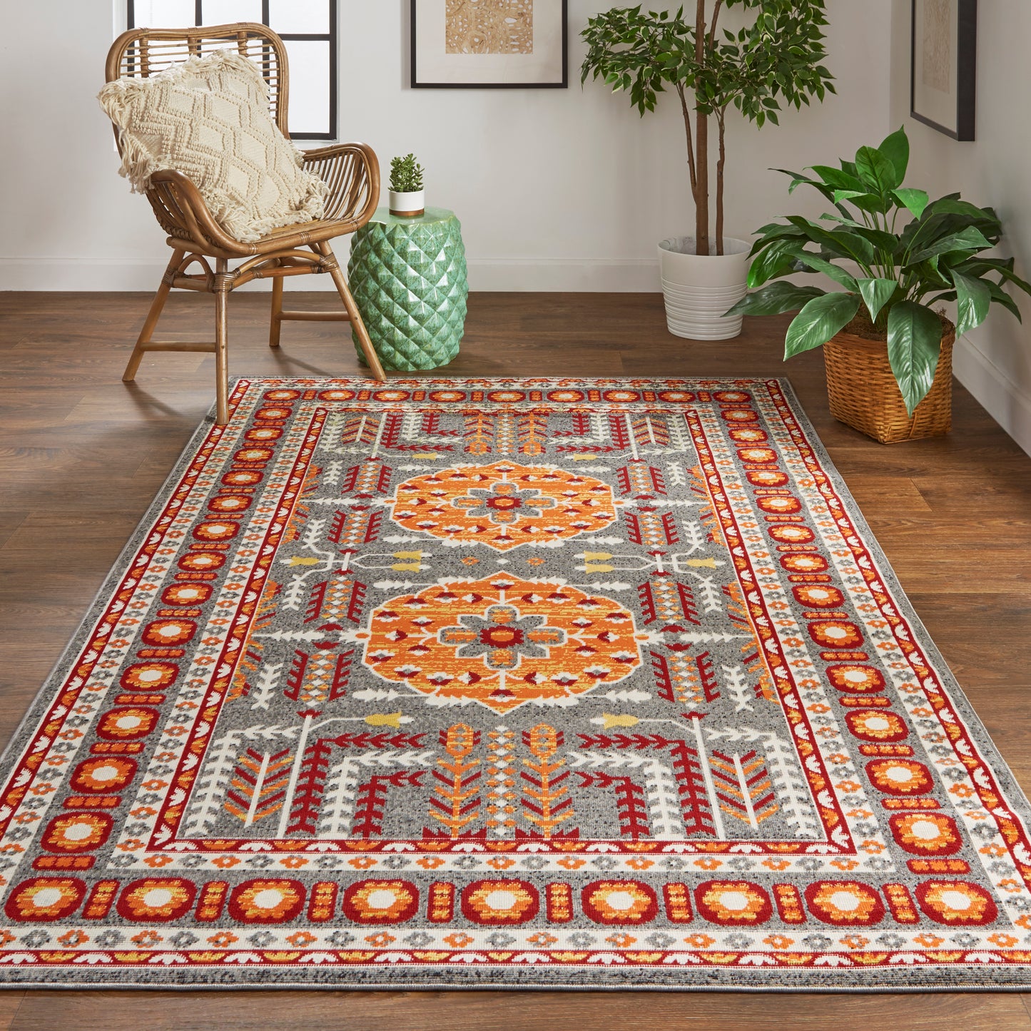 Foster Transitional/Classic/Bohemian & Eclectic Medallion/Bordered Orange/Gray - Feizy Rug