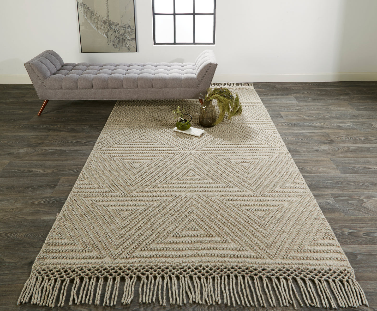 Phoenix Transitional/Farmhouse/Scandinavian Geometric/Solid Tan/Ivory - Feizy Rug