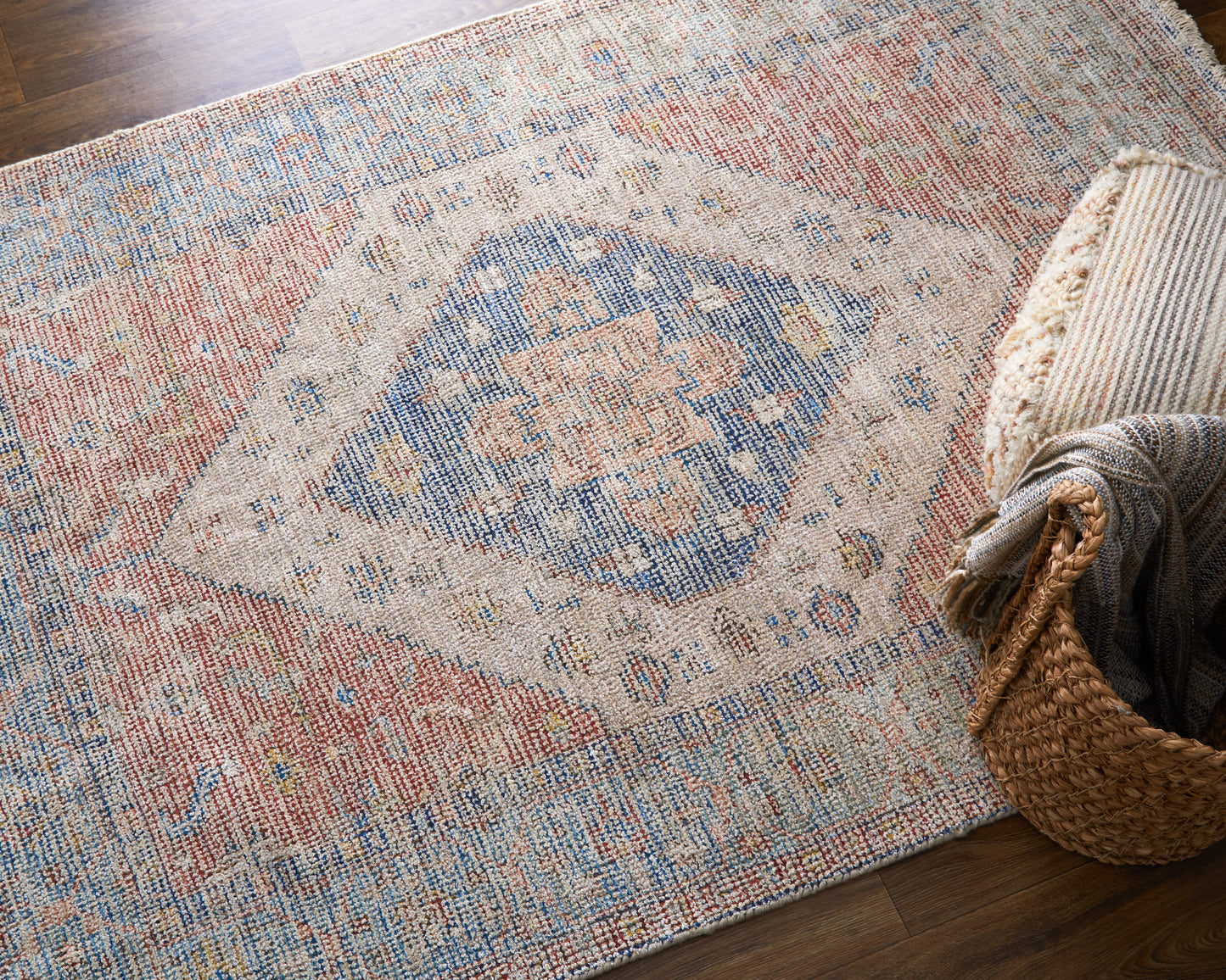 Caldwell Transitional/Bohemian & Eclectic/Vintage Distressed/Medallion Ivory/Blue/Red - Feizy Rug