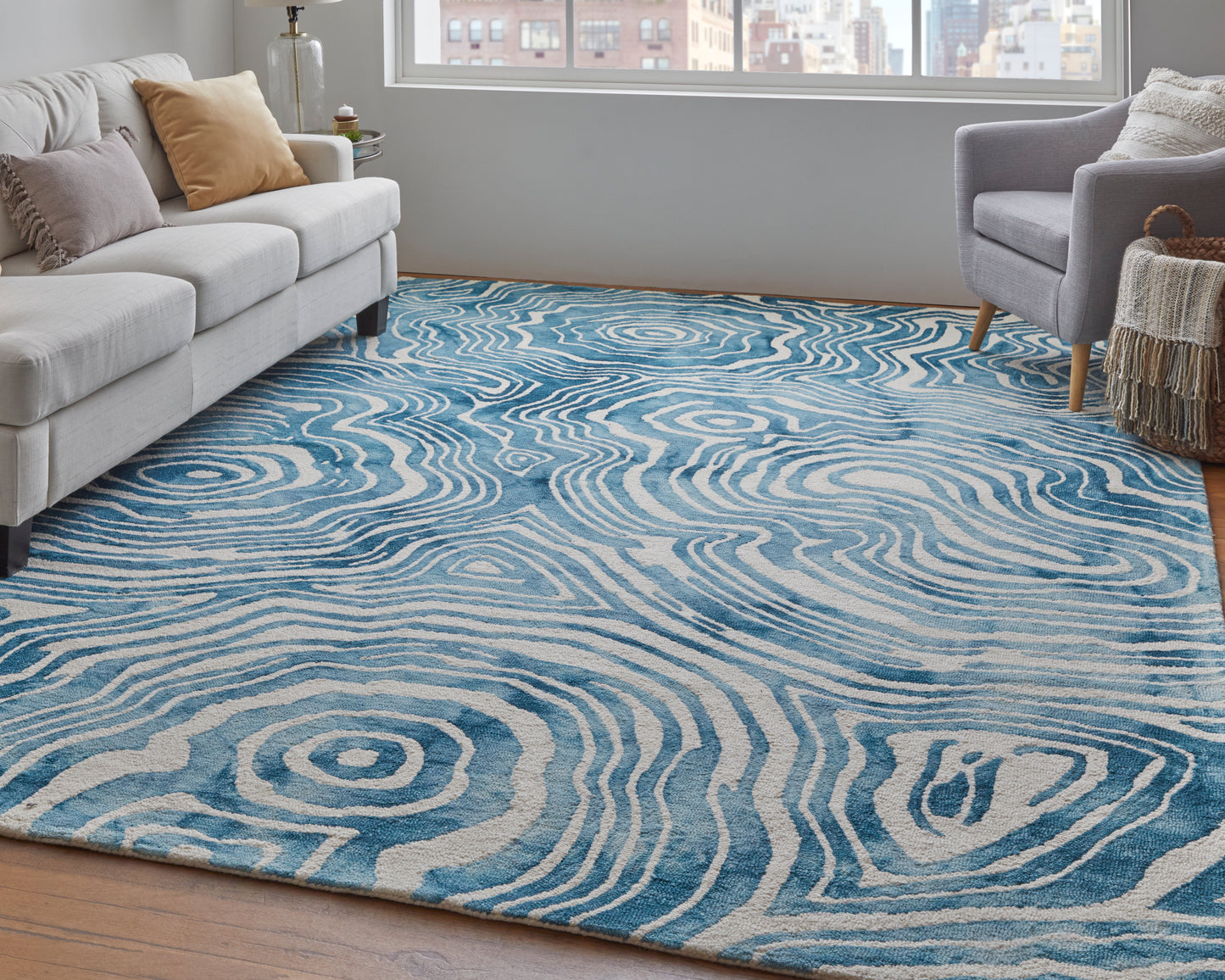 Lorrain Modern/Bohemian & Eclectic/Casual Abstract/Watercolor/Distressed Blue/Ivory - Feizy Rug