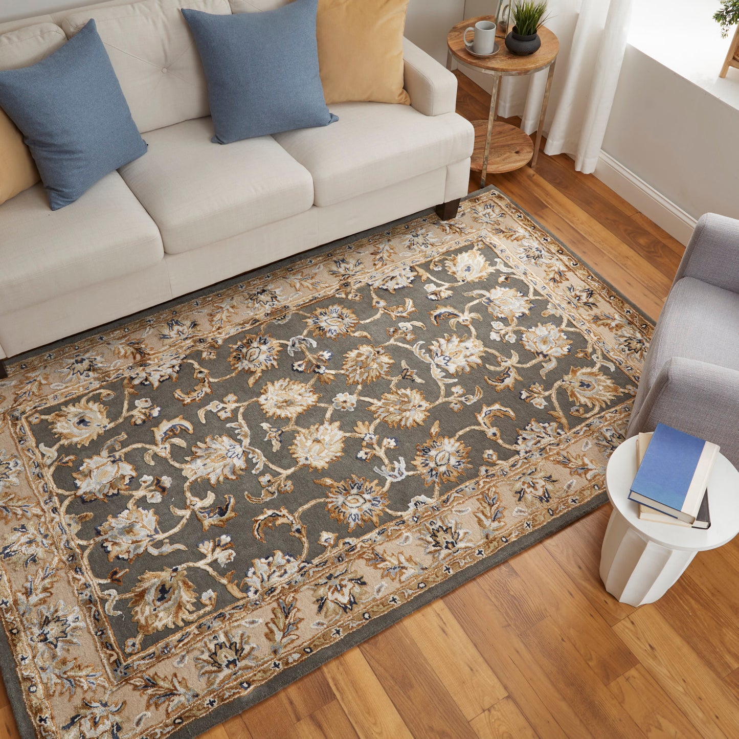 Prescott Traditional/French & Victorian/Bohemian & Eclectic Floral & Botanical/Bordered Taupe/Tan/Ivory - Feizy Rug