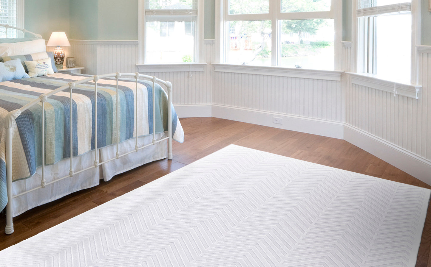 Saphir Mira Modern/Casual Geometric/Herringbone White - Feizy Rug