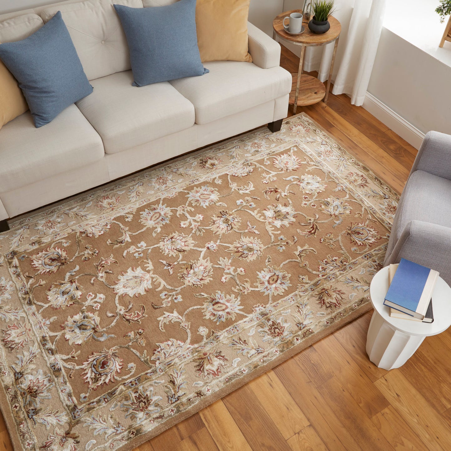 Prescott Traditional/French & Victorian/Bohemian & Eclectic Floral & Botanical/Bordered Tan/Ivory - Feizy Rug