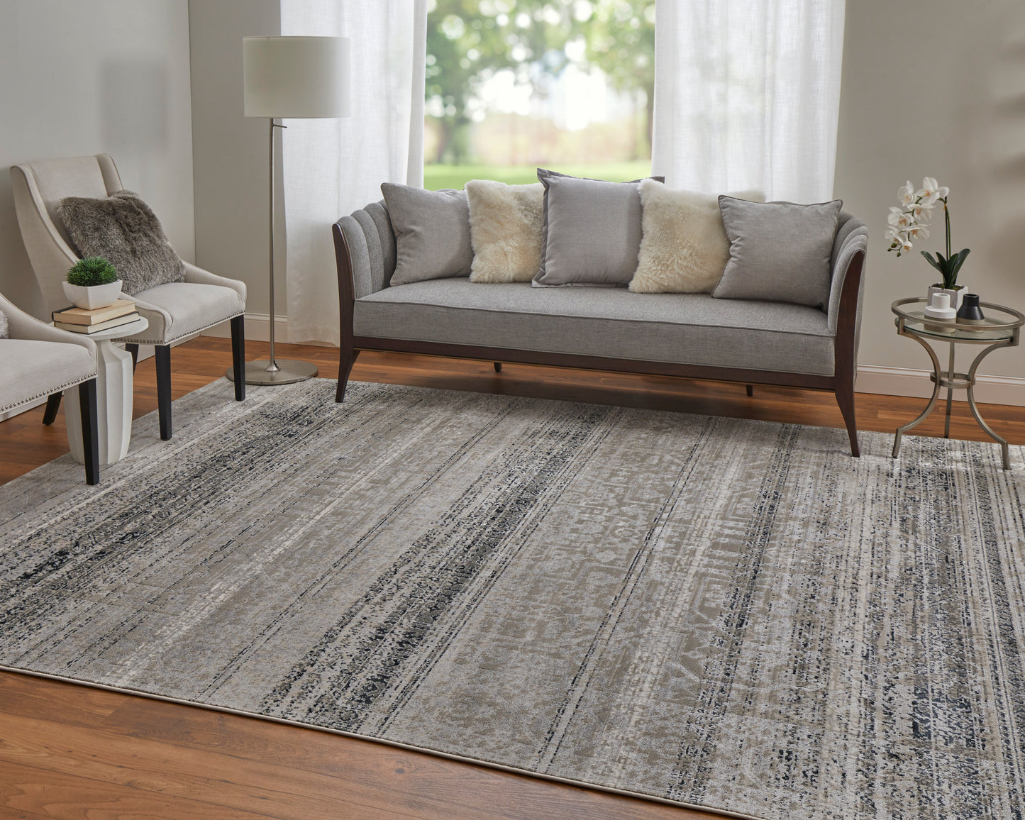 Macklaine Transitional/Bohemian & Eclectic/Global Distressed/Oriental/Bordered Taupe/Black/Ivory - Feizy Rug