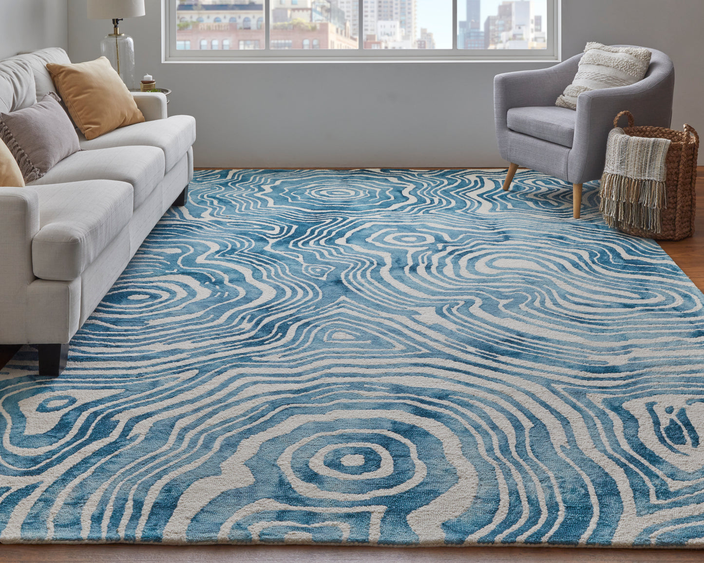 Lorrain Modern/Bohemian & Eclectic/Casual Abstract/Watercolor/Distressed Blue/Ivory - Feizy Rug