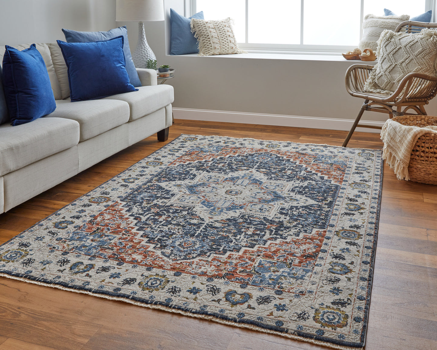 Kaia Transitional/Bohemian & Eclectic/Vintage Medallion/Persian/Bordered Ivory/Blue/Red - Feizy Rug