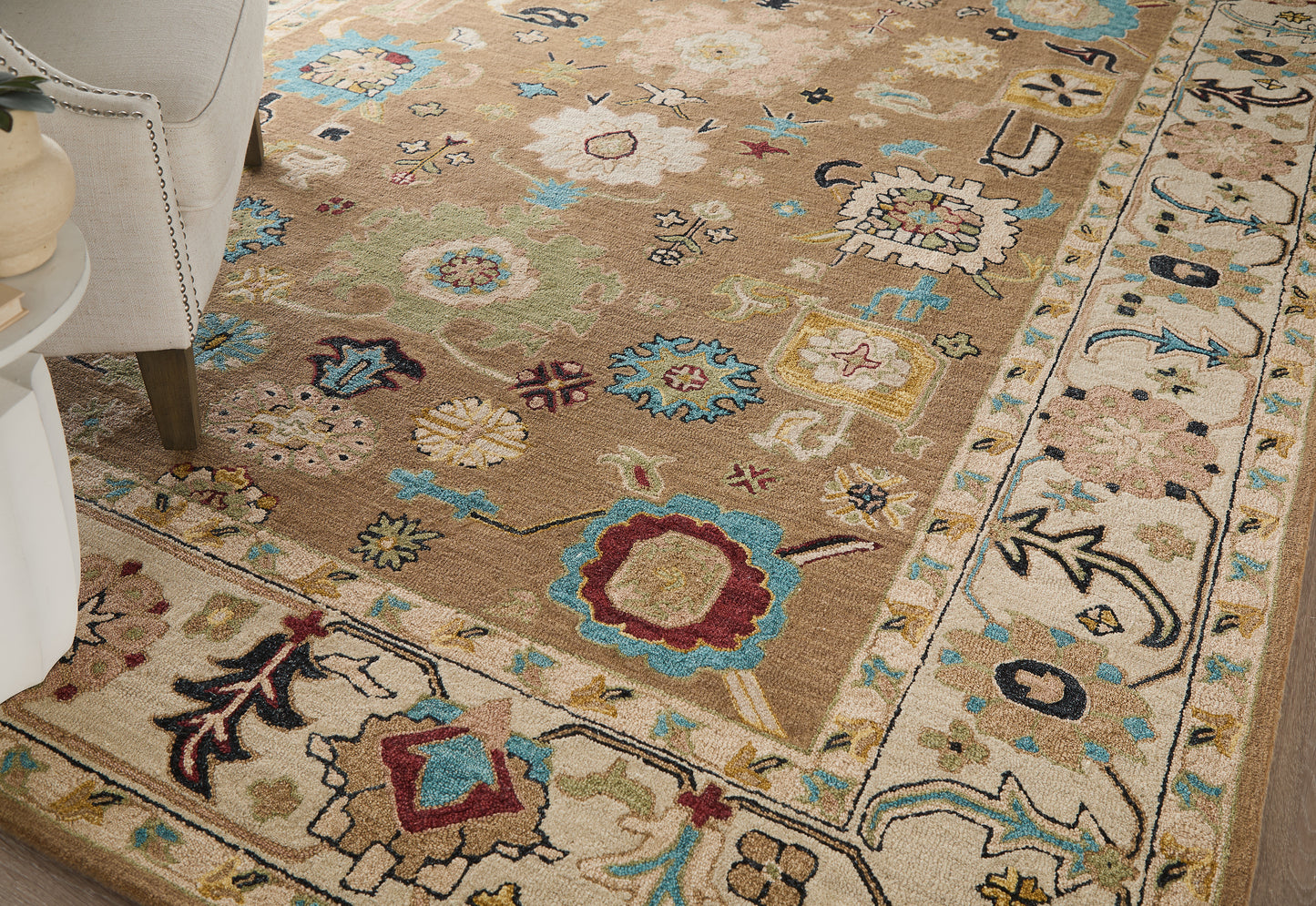 Springfield Traditional Floral & Botanical/Bordered Tan/Ivory/Blue - Feizy Rug
