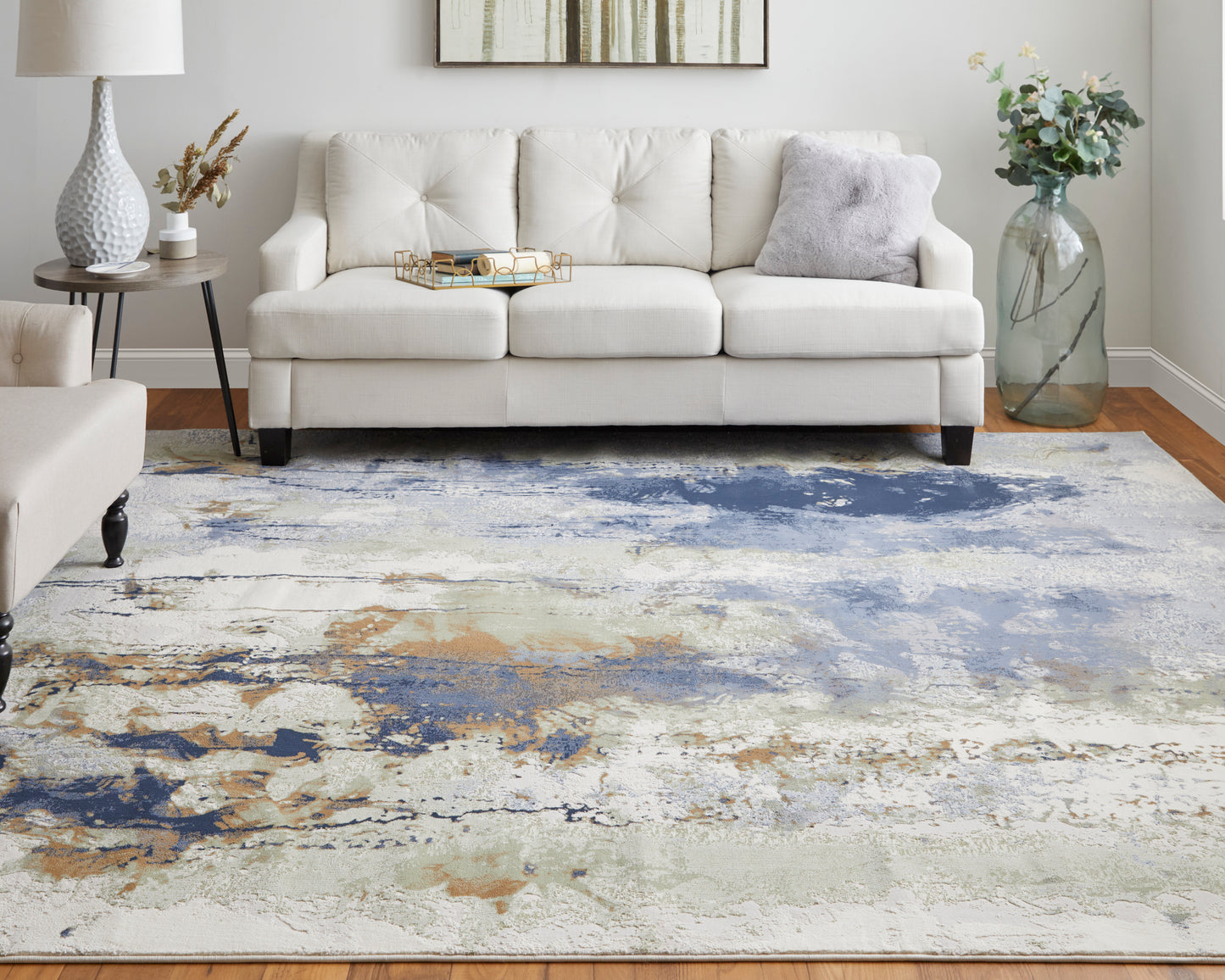 Clio Modern/Industrial/Casual Abstract/Watercolor Blue/Orange/Ivory - Feizy Rug