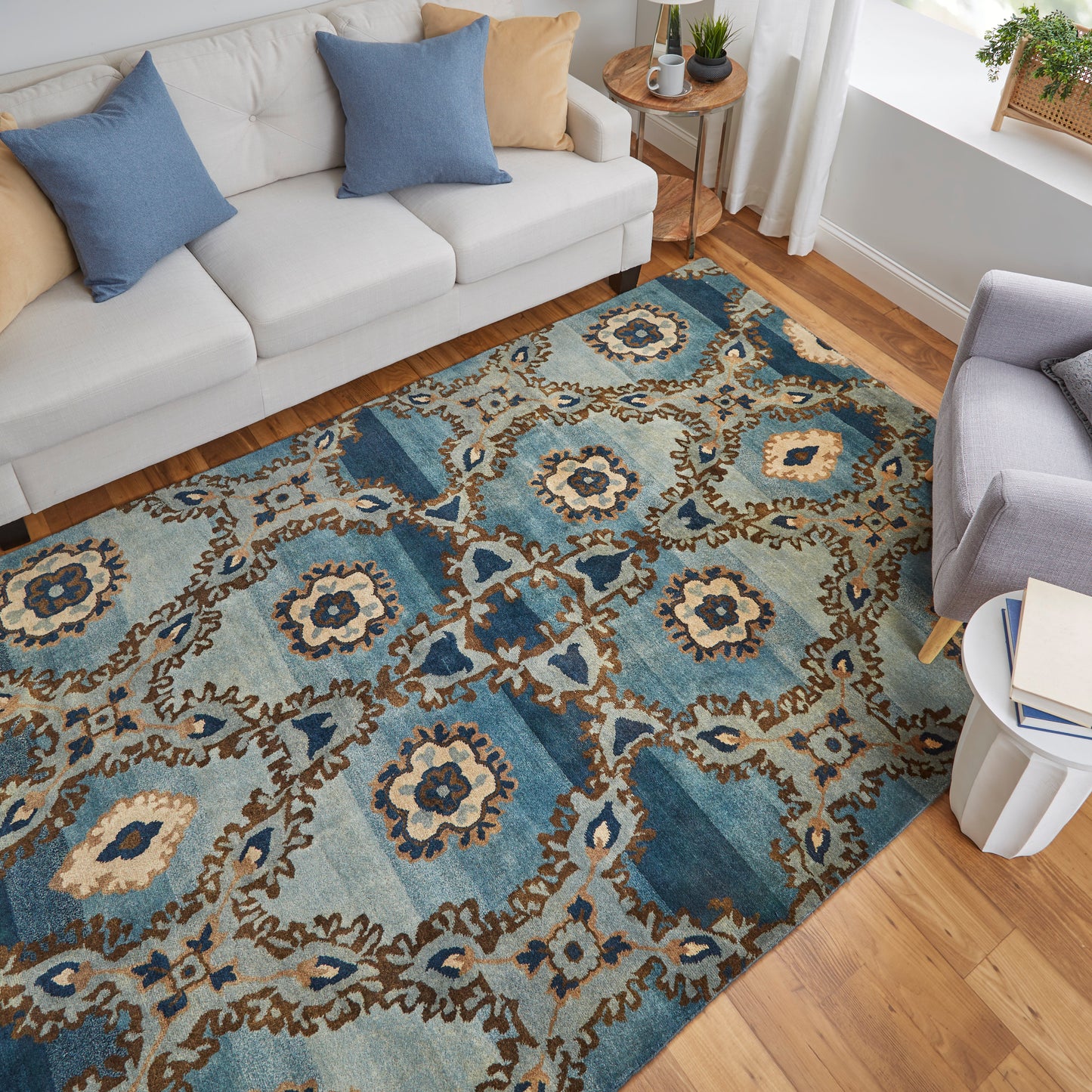 Amzad Transitional/Craftsman/Casual Ikat/Floral & Botanical Blue/Gray/Tan - Feizy Rug