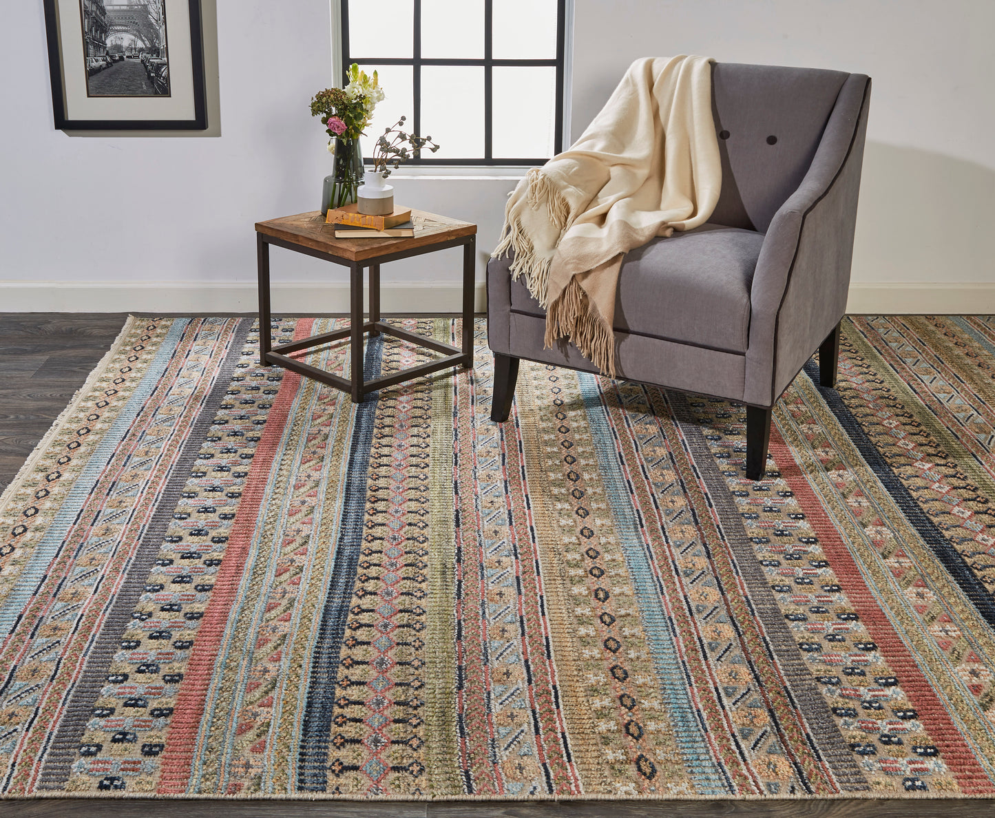 Payton Transitional/Global/Craftsman Stripes/Geometric Tan/Orange/Blue - Feizy Rug