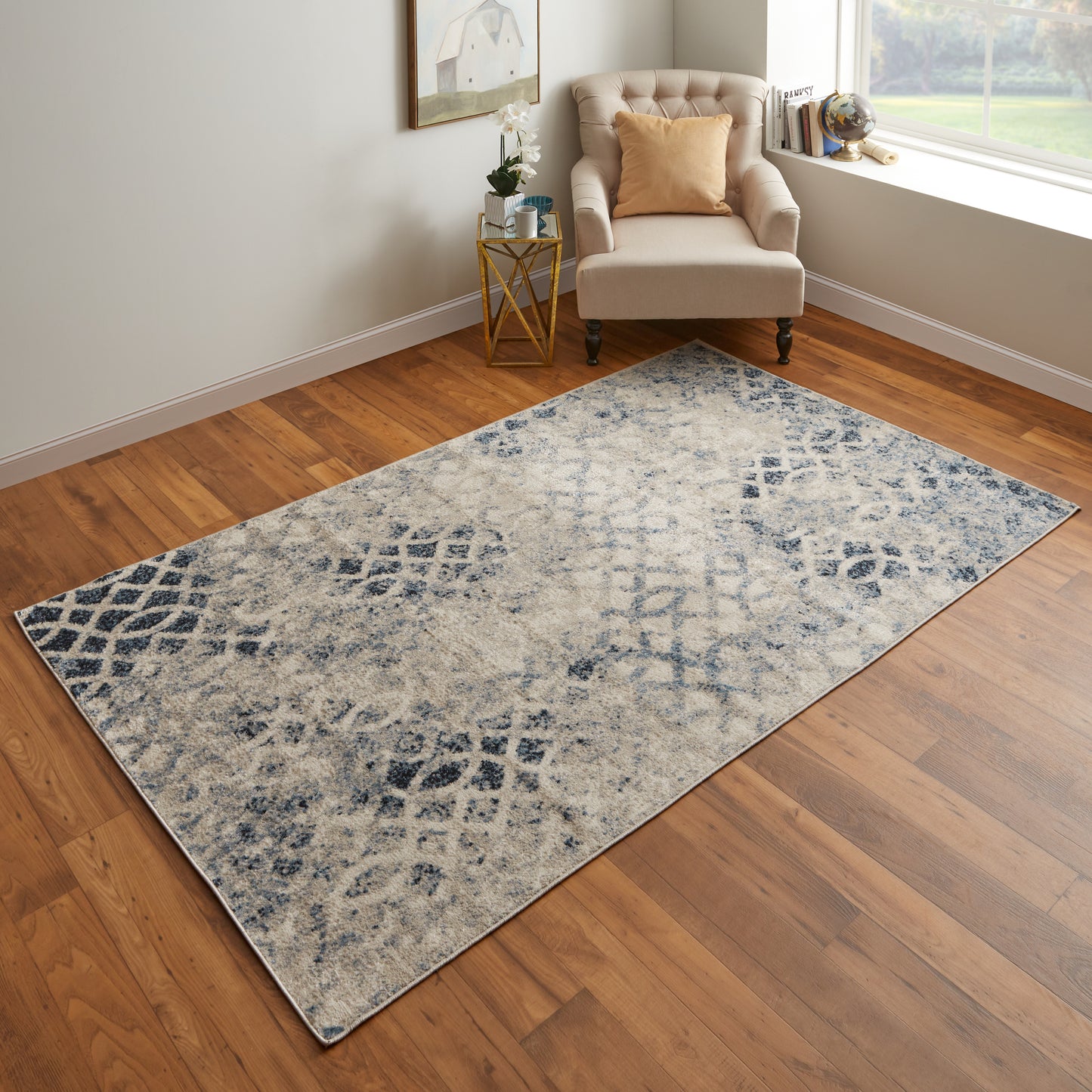 Camellia Transitional/Casual Abstract/Trellis & Lattice/Distressed Ivory/Blue - Feizy Rug