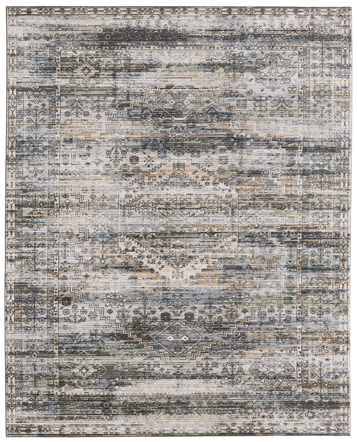 Augustine Traditional/Classic/Vintage Medallion/Bordered/Distressed Green/Ivory/Black - Feizy Rug