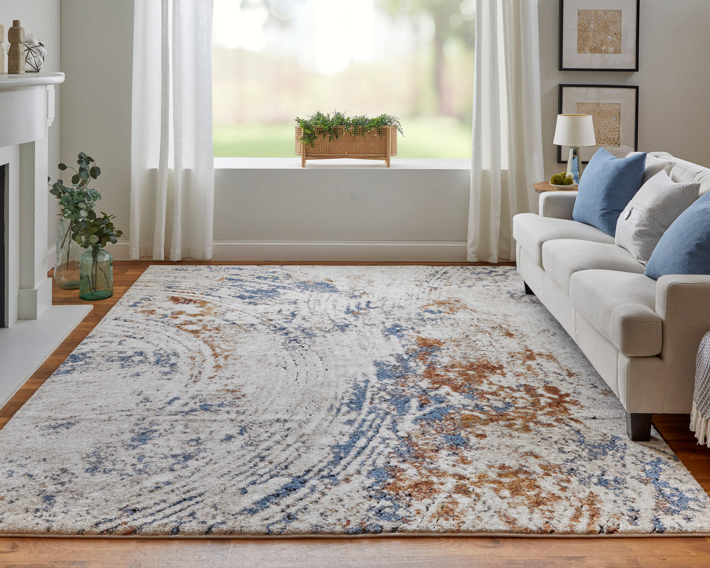 Gilmore Modern/Bohemian & Eclectic/Casual Abstract/Watercolor Ivory/Blue/Orange - Feizy Rug