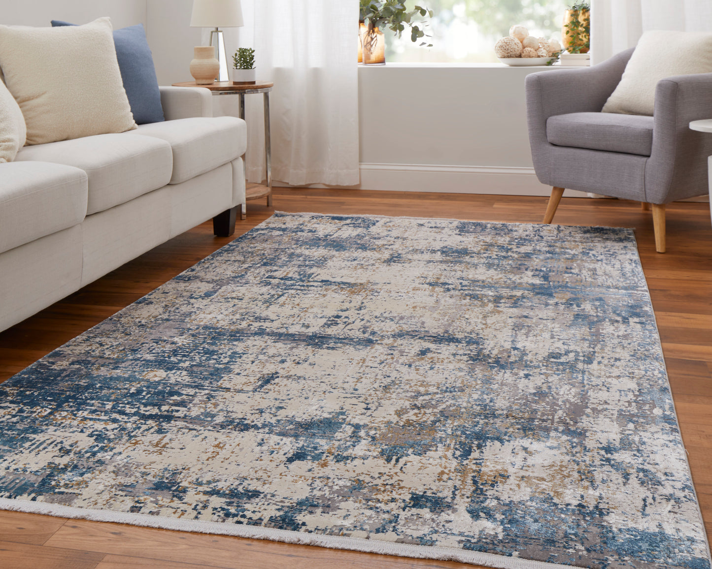 Cadiz Modern/Industrial/Luxury & Glam Ivory/Tan/Blue Accent Rug