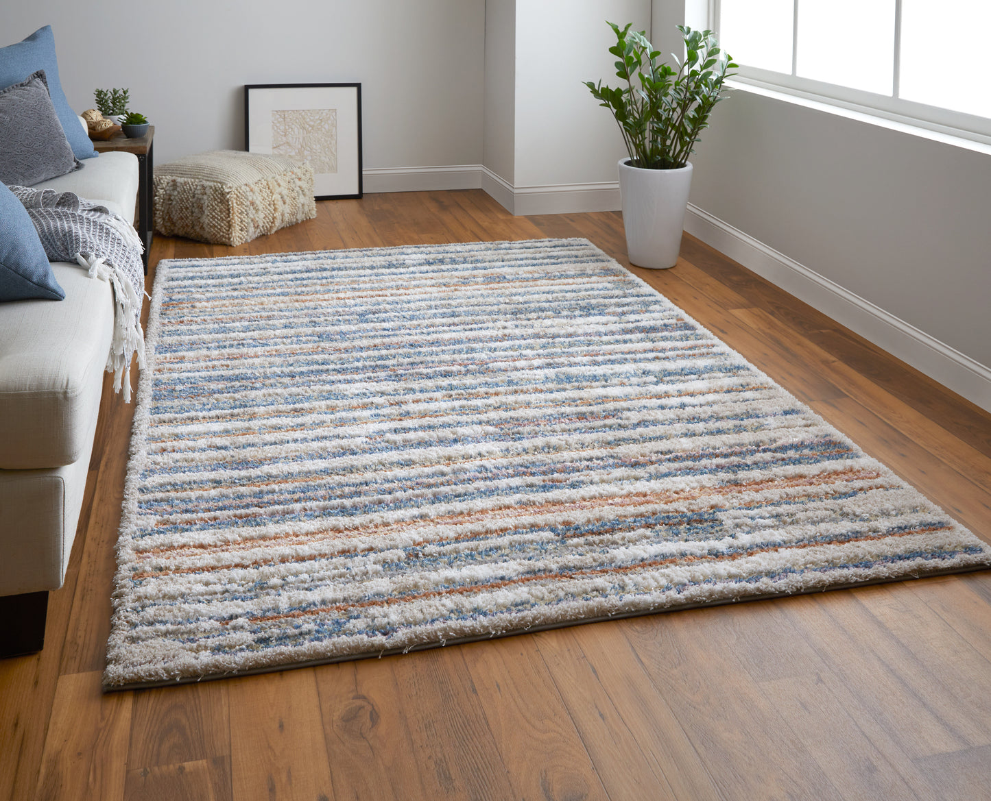 Mynka Transitional/Casual Stripes Ivory/Blue/Orange - Feizy Rug