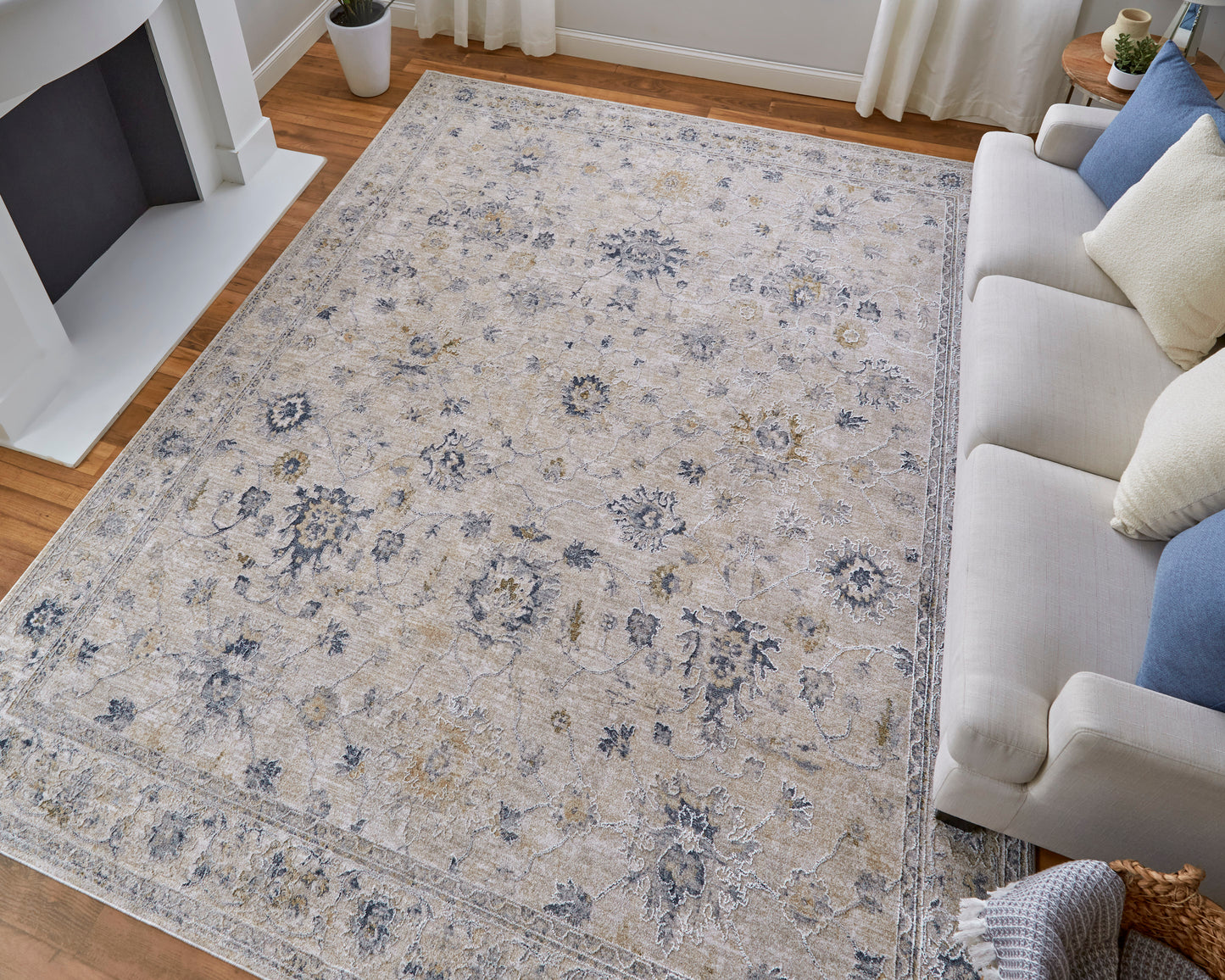 Pasha Transitional/Bohemian & Eclectic/Cottage Ivory/Taupe/Blue Area Rug