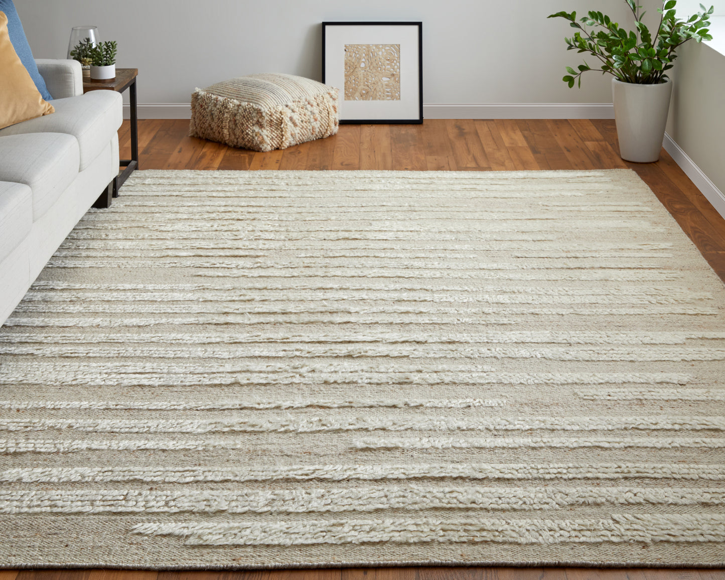Ashby Transitional/Scandinavian/Casual Stripes/Solid White/Tan - Feizy Rug