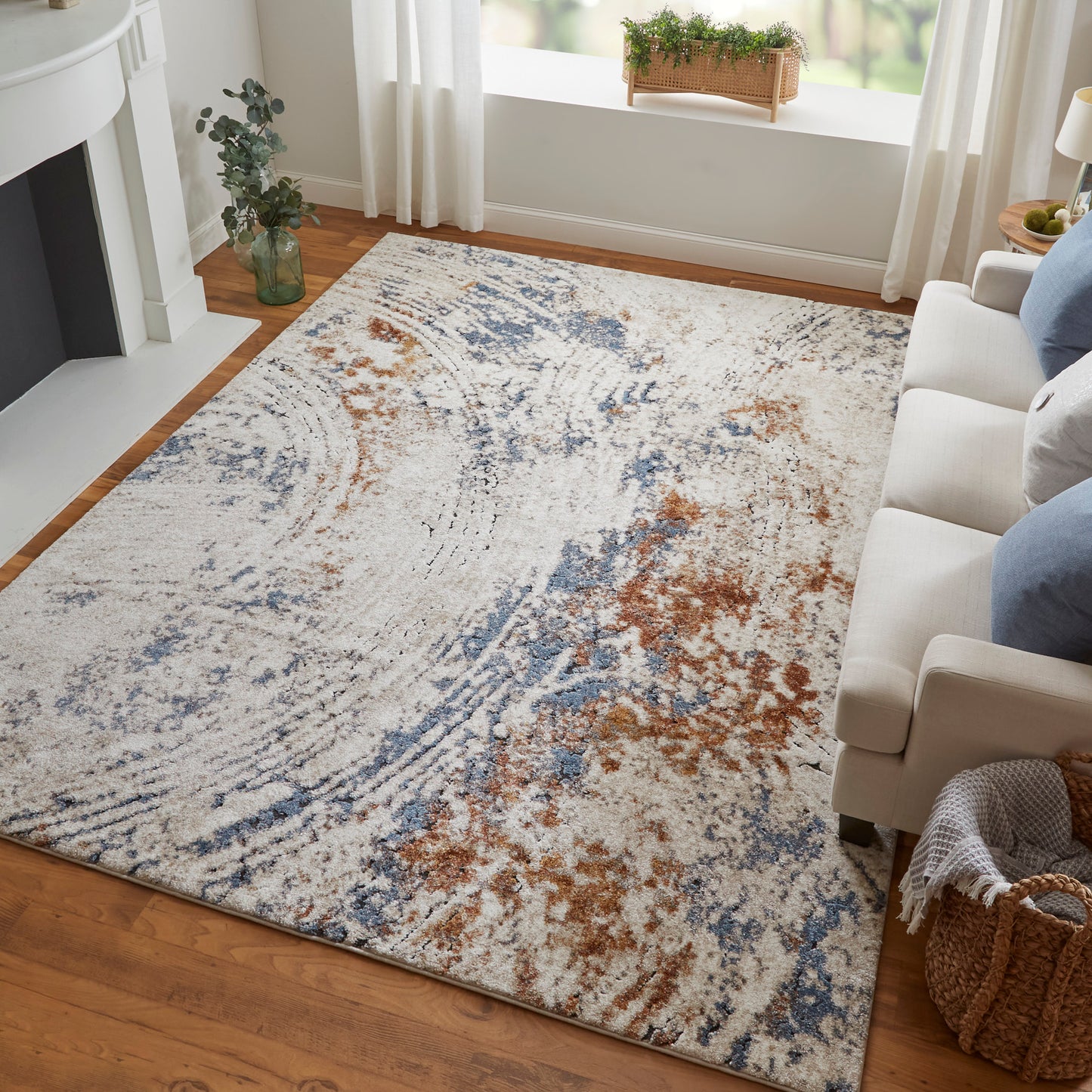 Gilmore Modern/Bohemian & Eclectic/Casual Abstract/Watercolor Ivory/Blue/Orange - Feizy Rug