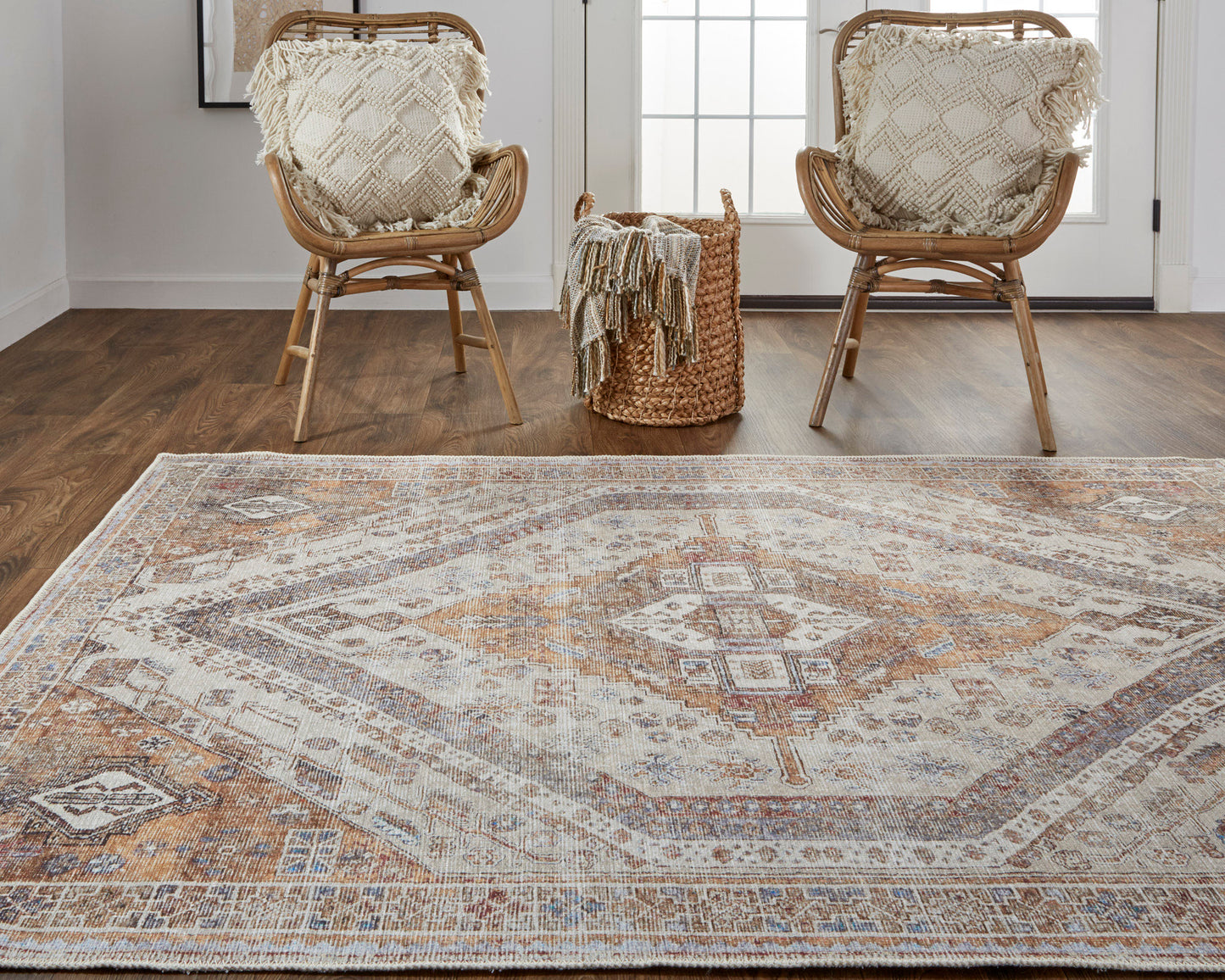 Percy Transitional/Bohemian & Eclectic/Classic Medallion/Distressed/Persian Ivory/Orange/Brown - Feizy Rug
