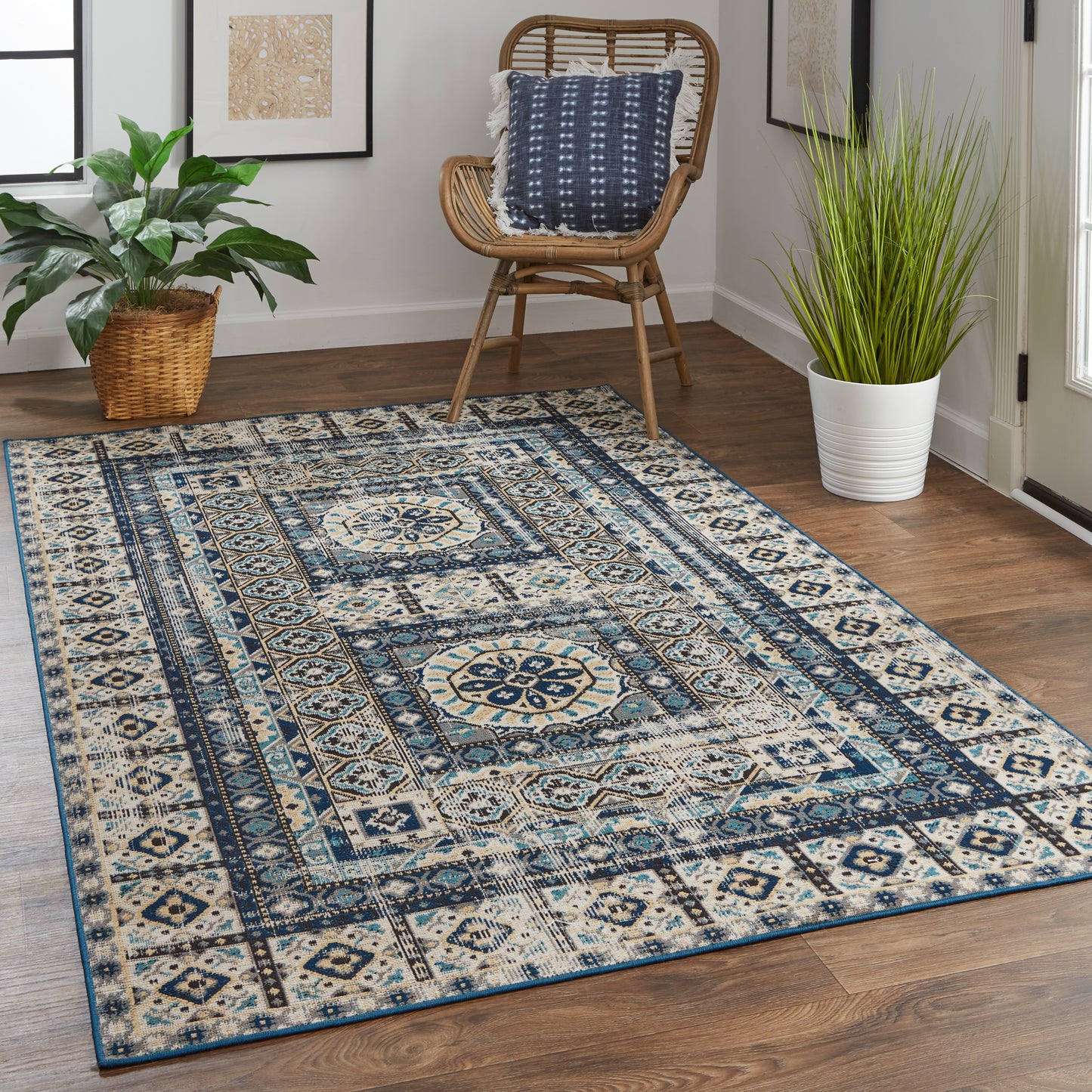 Nolan Transitional/Bohemian & Eclectic/Classic Medallion/Bordered/Moroccan Ivory/Tan/Blue - Feizy Rug