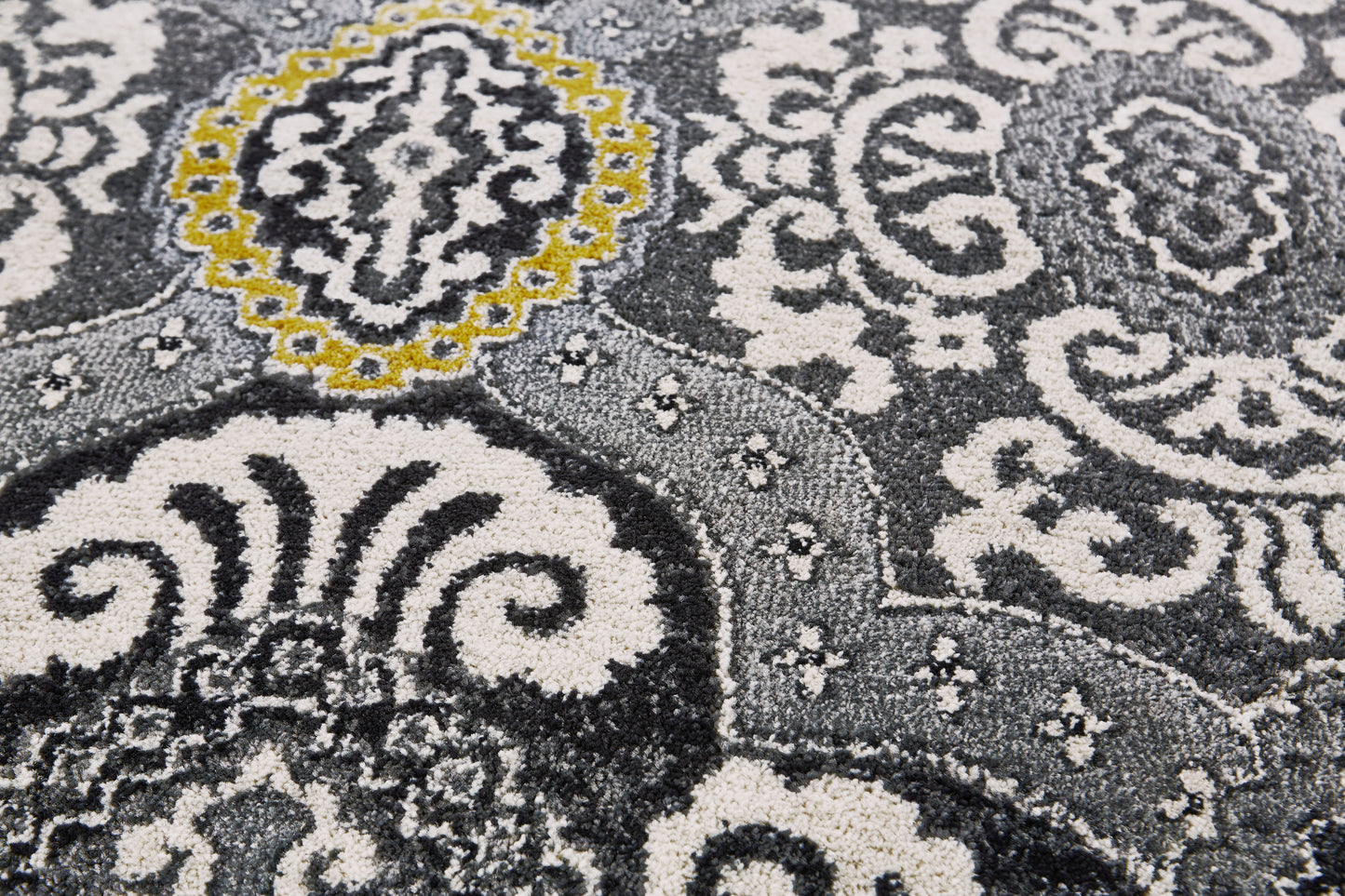 Bleecker Modern/Bohemian & Eclectic/Global Damask/Geometric Ivory/Gray/Yellow - Feizy Rug