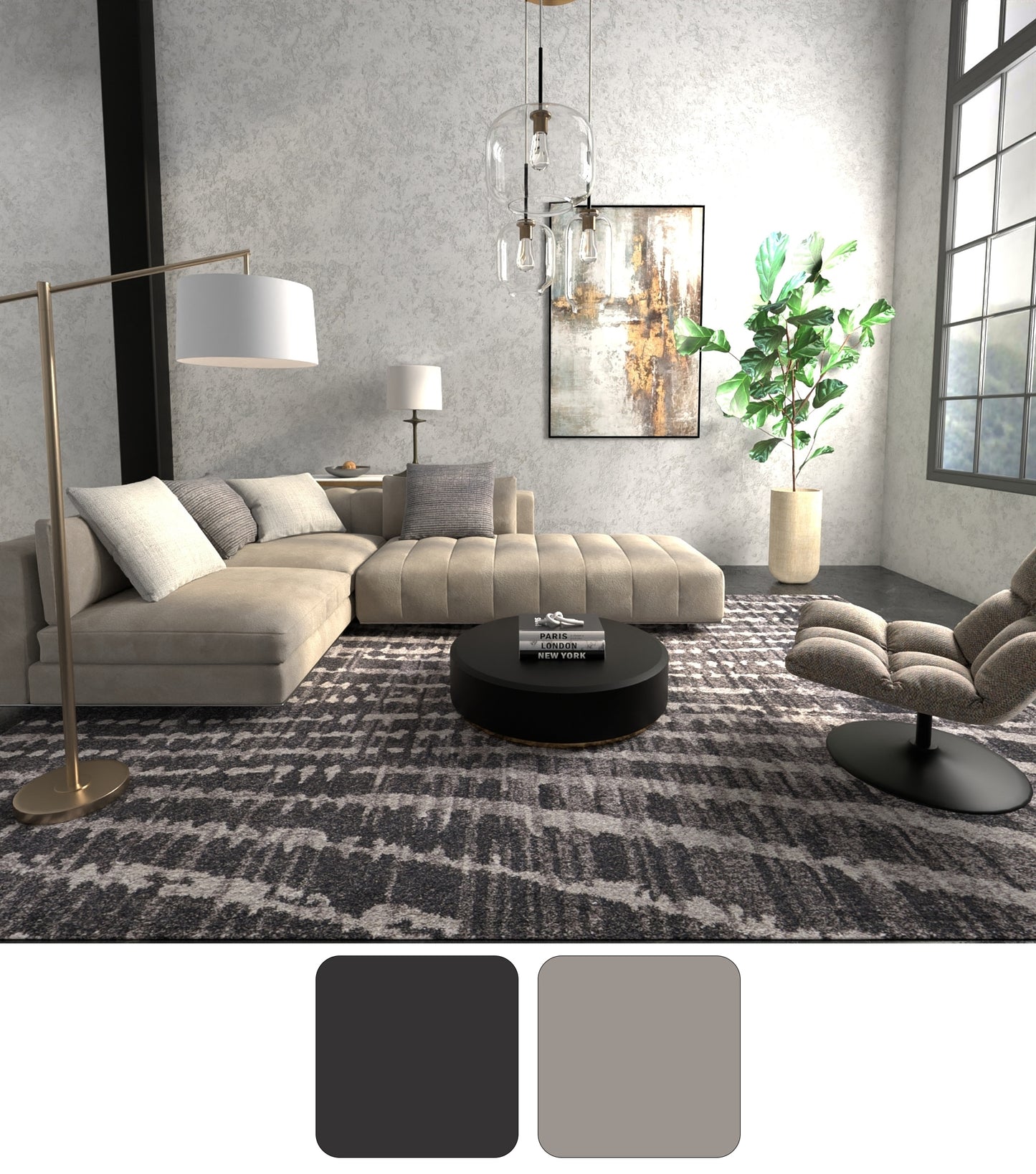 Skyview Modern/Industrial/Bohemian & Eclectic Abstract/Stripes Black/Gray/Ivory - Feizy Rug