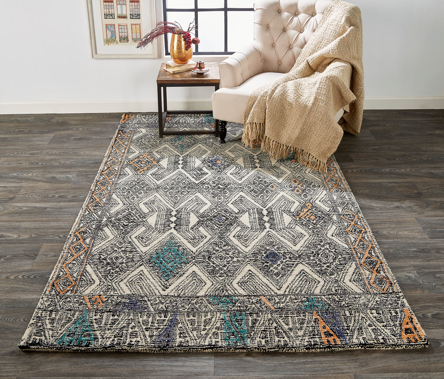 Arazad Transitional/Global/Bohemian & Eclectic Geometric/Moroccan/Diamond Black/Ivory/Green - Feizy Rug