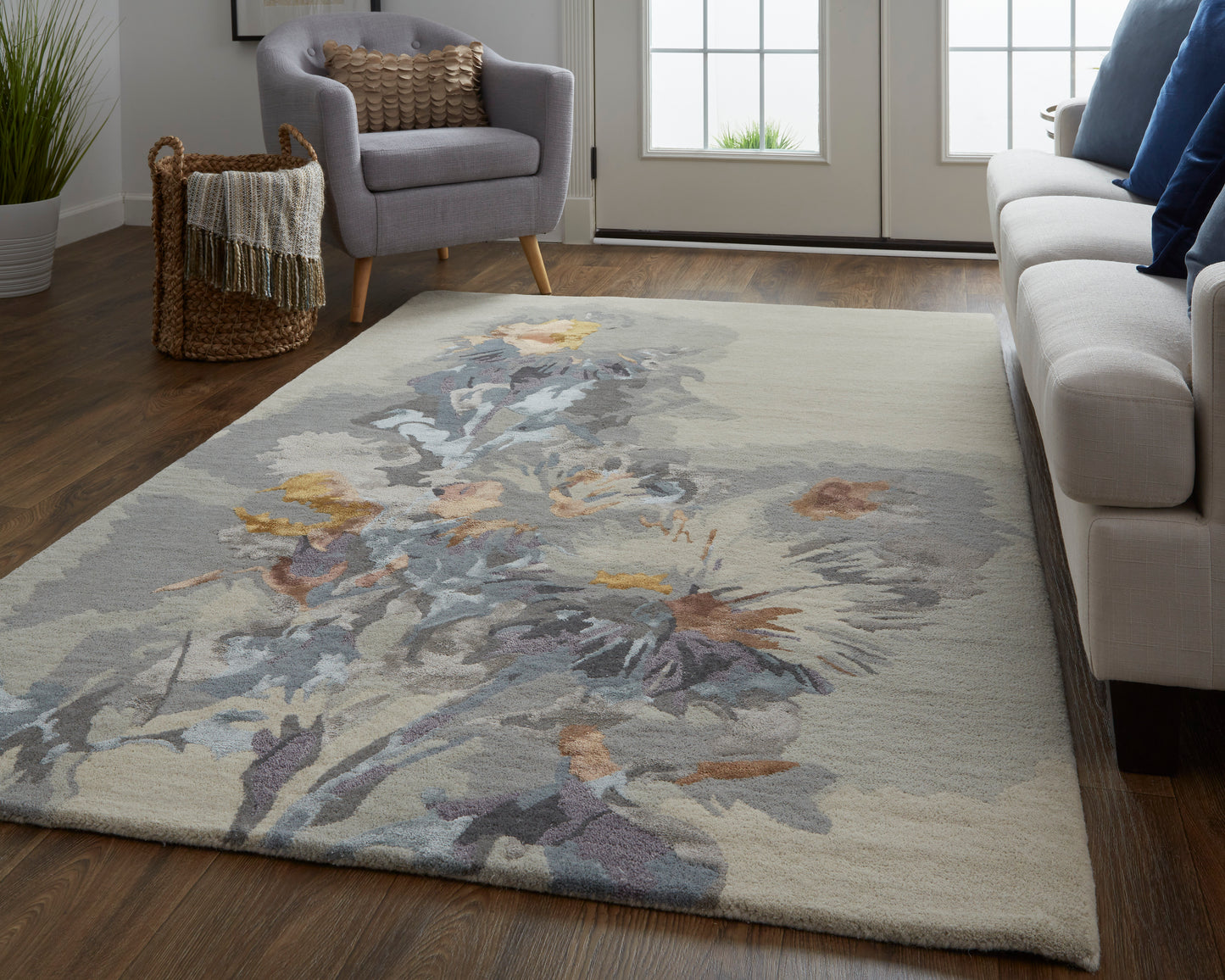 Dafney Transitional/Casual Floral & Botanical/Watercolor/Abstract Gray/Blue/Orange - Feizy Rug