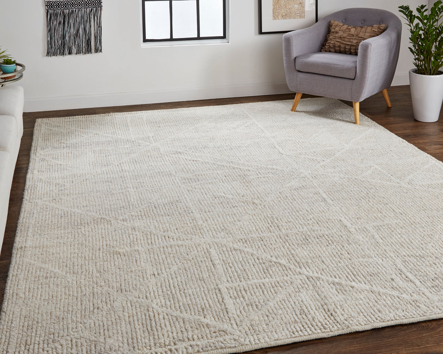 Alford Modern/Scandinavian/Natural Solid/Geometric Ivory/Tan - Feizy Rug